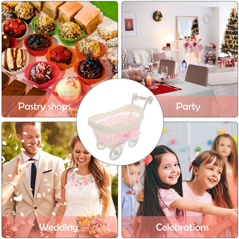 Carriage Centerpiece Mini Woven Baskets, Wicker Candy Baskets with Handles Straw Candy Bowl Snack Serving Tray Wedding Table Centerpieces For Party Favor Dessert Fruit Pink 2pcs