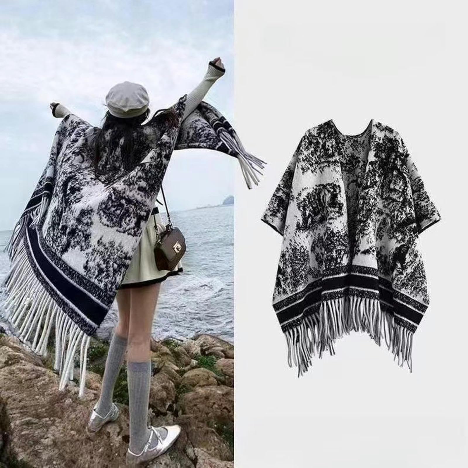 Sciarpa Donna Autumnio Femminile E Inverno da Viaggio Inchiostro Scialno di Pittura A Fessura A Forma di Scialle di Sciarpa A Maglia-c