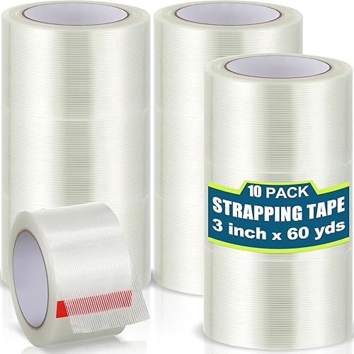 Treela 10 rollos de cinta adhesiva reforzada con filamento de 3 pulgadas x 60 yardas, transparente, de fibra de vidrio, 5.5 mil, resistente