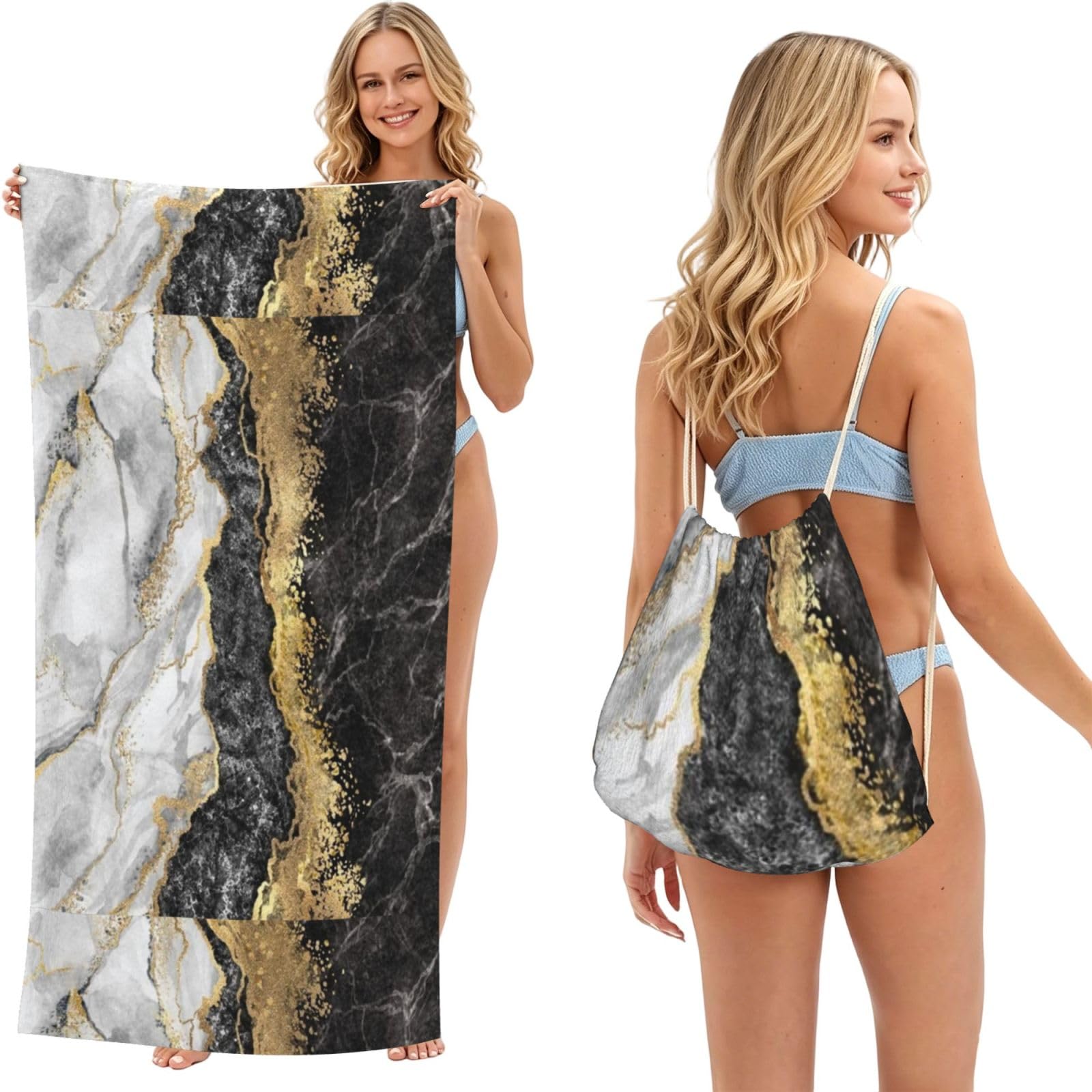 Poadnly Black White Gold Foil Marble, 2 in 1 Packable Towel Bag, Beach Towels with Drawstring Backpack for Travel Holiday Camping