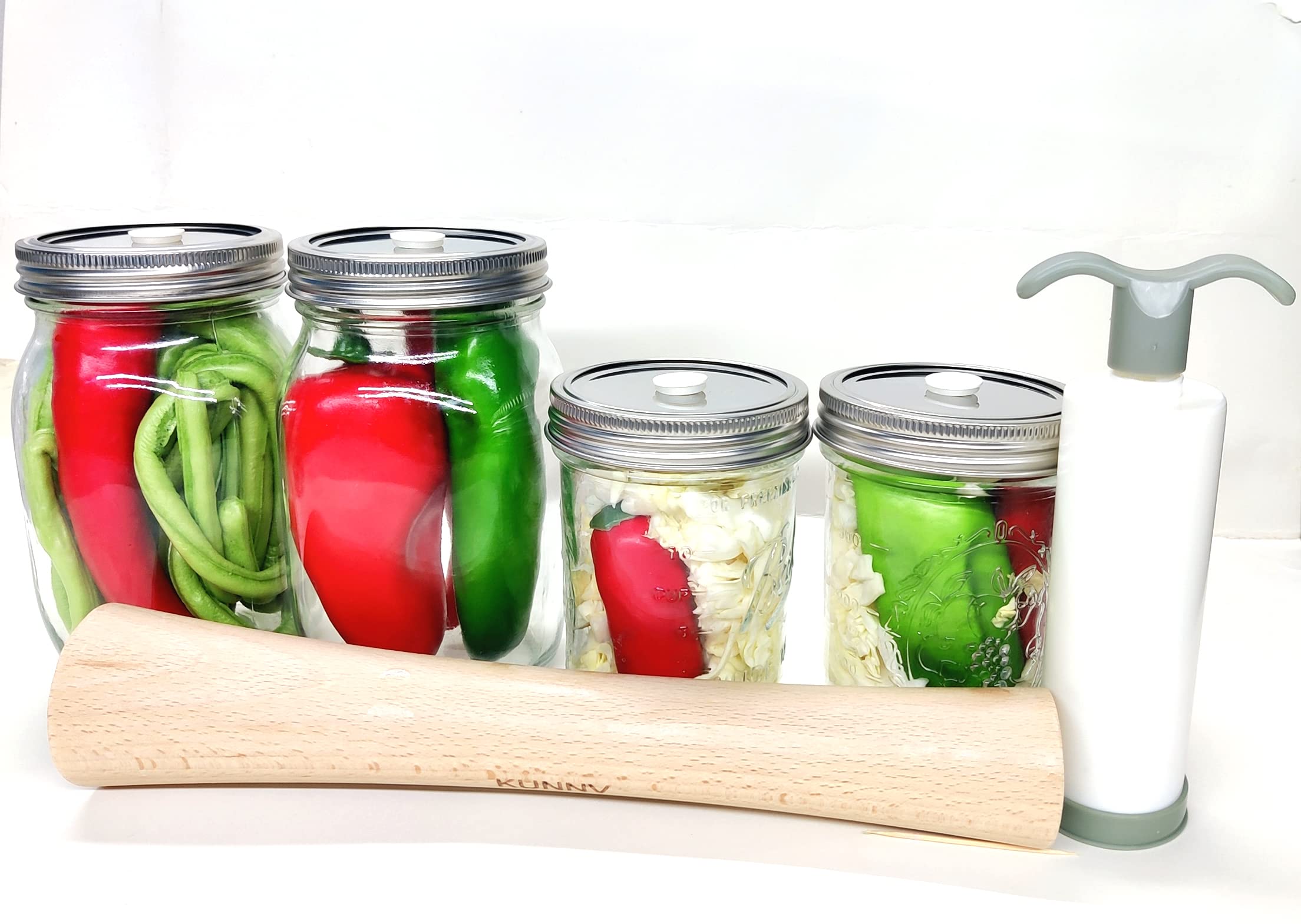 Sauerkraut Fermentation Kit Fermentation Lids + Glass Weights + extractor Pump – Pickling kit Use for Kimchi kit, Pickles, Vegetable Fermenting Kit in Wide Mouth Pickling Jar. (4)