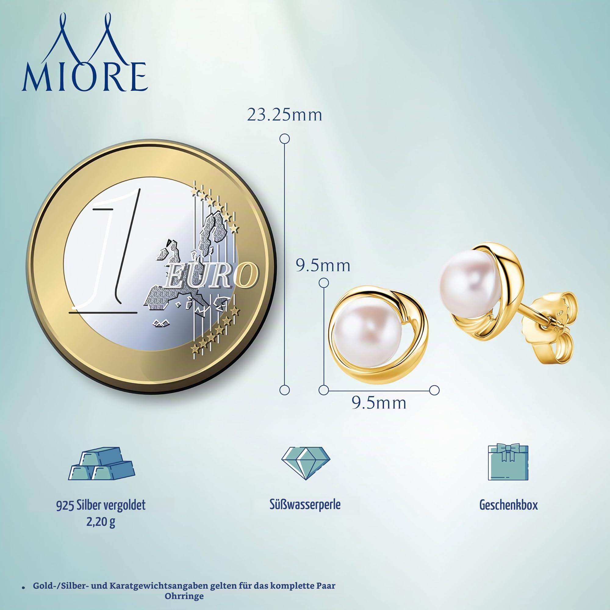 MIORE Schmuck Damen, 925 Silber/Silber 18K Vergoldet, Perlen Ohrringe, Ohrstecker Silber 925 Vergoldet mit Weiße Süßwasser-Zuchtperlen, Hypoallergene Ohrringe, Perlenschmuck in hochwertiger Schmuckbox