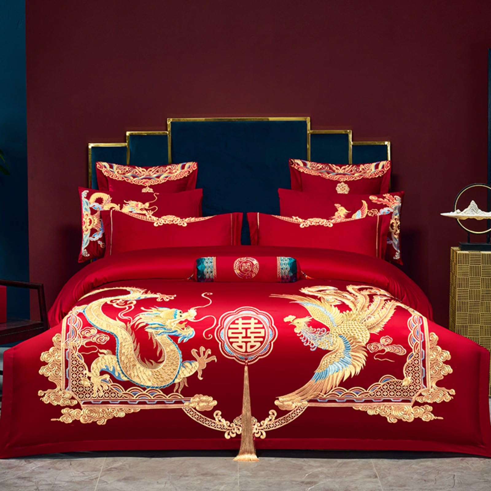Housse de couette dragon phénix pour lit double en satin de coton