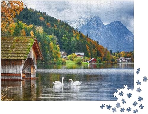 Miniatura 2 de Dos cisnes blancos en agua cristalina Grundlsee Lake. Be... rompecabezas rompecabezas con 1000 piezas