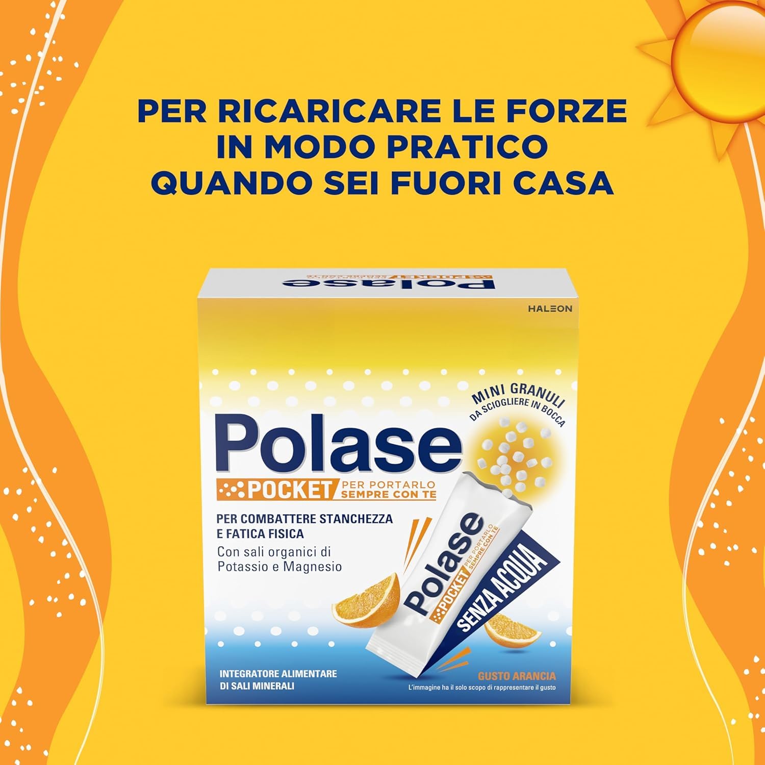 Polase Pocket, Integratore Alimentare di Magnesio e Potassio Contro Stanchezza e Fatica, Caldo, Gusto Arancia, 14 Stick orosolubili