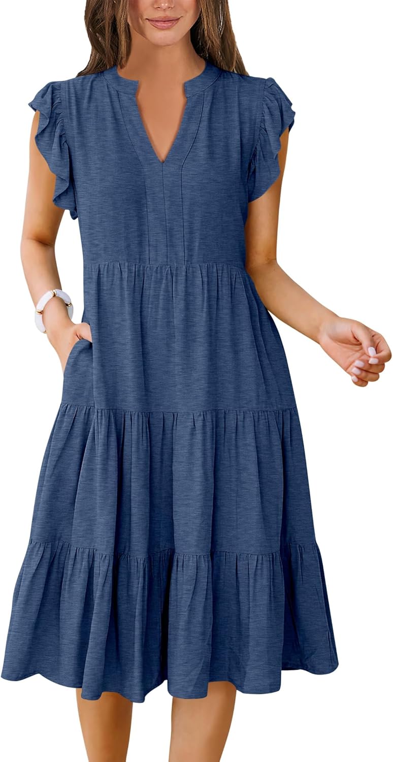 Womens Summer Ruffle Sleeve V Neck Midi Dress 2024 Fashion Casual Fit Flowy Tiered Boho Beach Vacation Sundress