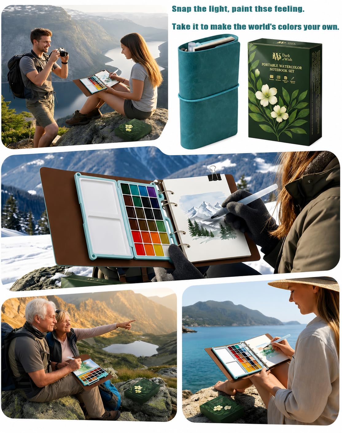 Set di pittura ad acquerello portatile per adulti – Kit da viaggio per acquerelli da 24 colori con taccuino (pagine bianche e nere), pennello e tavolozza ricaricabili, set artistico tutto in uno per