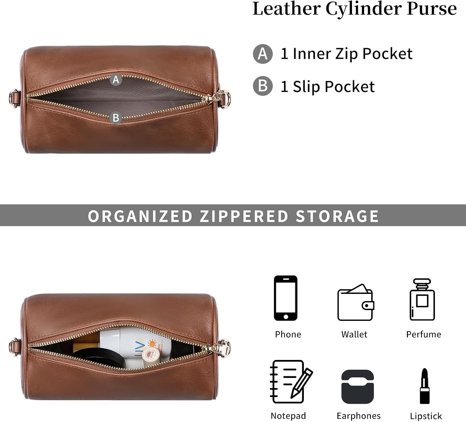 SENDEFN Crossbody Bag for Women Leather Cylinder Purse with Adjustable Strap Crossbody Shoulder Barrel Bag Handbags with Zip