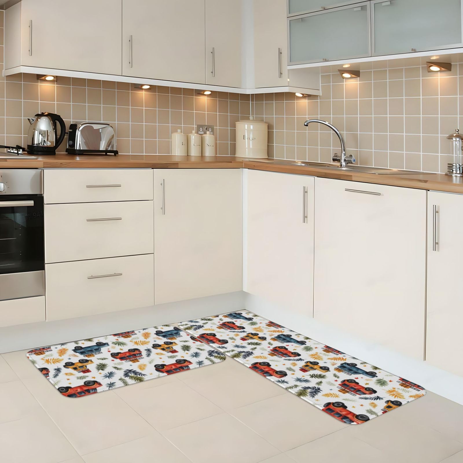 GVYGVY Antifatigue Kitchen Mats for Floor 2 Piece - Cartoon Car Plant Print Kitchen Rugs Washable, Non Slip Runner Rug Standing Mat for Office/Bathroom/Laundry/Home Decor and Accessories
