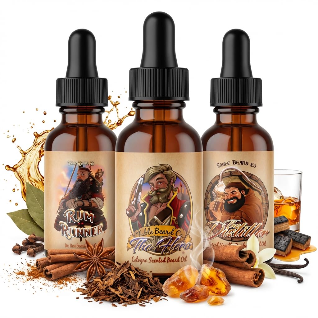 Fable Beard Co. Beard Oil - Heritage Reserve Collection, Tobacco, Bay Rum Spices & Vanilla Bourbon, Natural Beard Oil for Men with Jojoba & Argan Oils, Vitamin E, Beard Softener, Made in USA (3 Fl Oz)