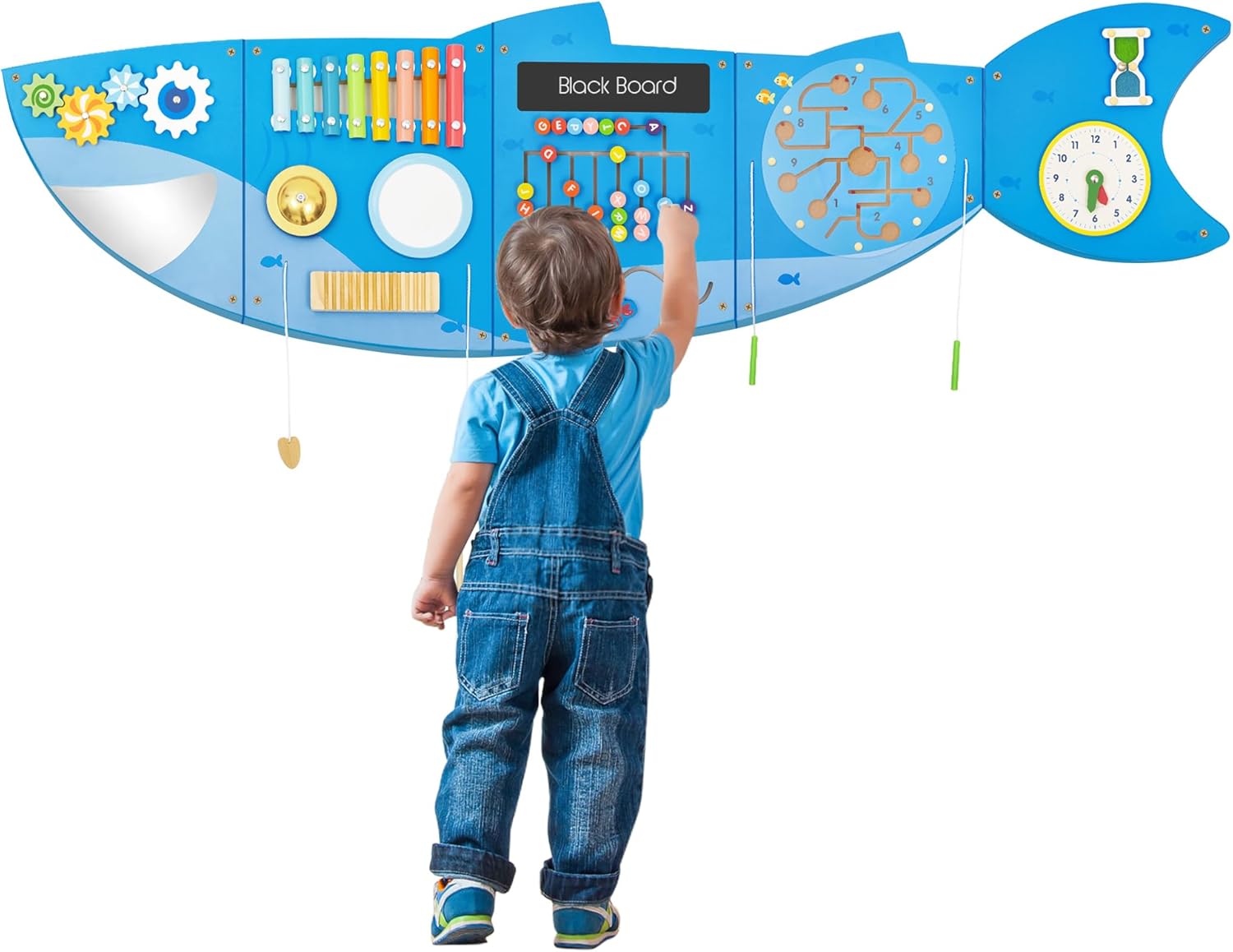 Shark Activity Wall Busy Board Panels,Busy Board for Toddlers Montessori Sensory Toys Wall Mount Wooden Learning Toy Ideal Furniture for Playroom & Children's Daycare