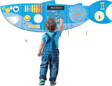Shark Activity Wall Busy Board Panels,Busy Board for Toddlers Montessori Sensory Toys Wall Mount Wooden Learning Toy Ideal Furniture for Playroom & Childrens Daycare