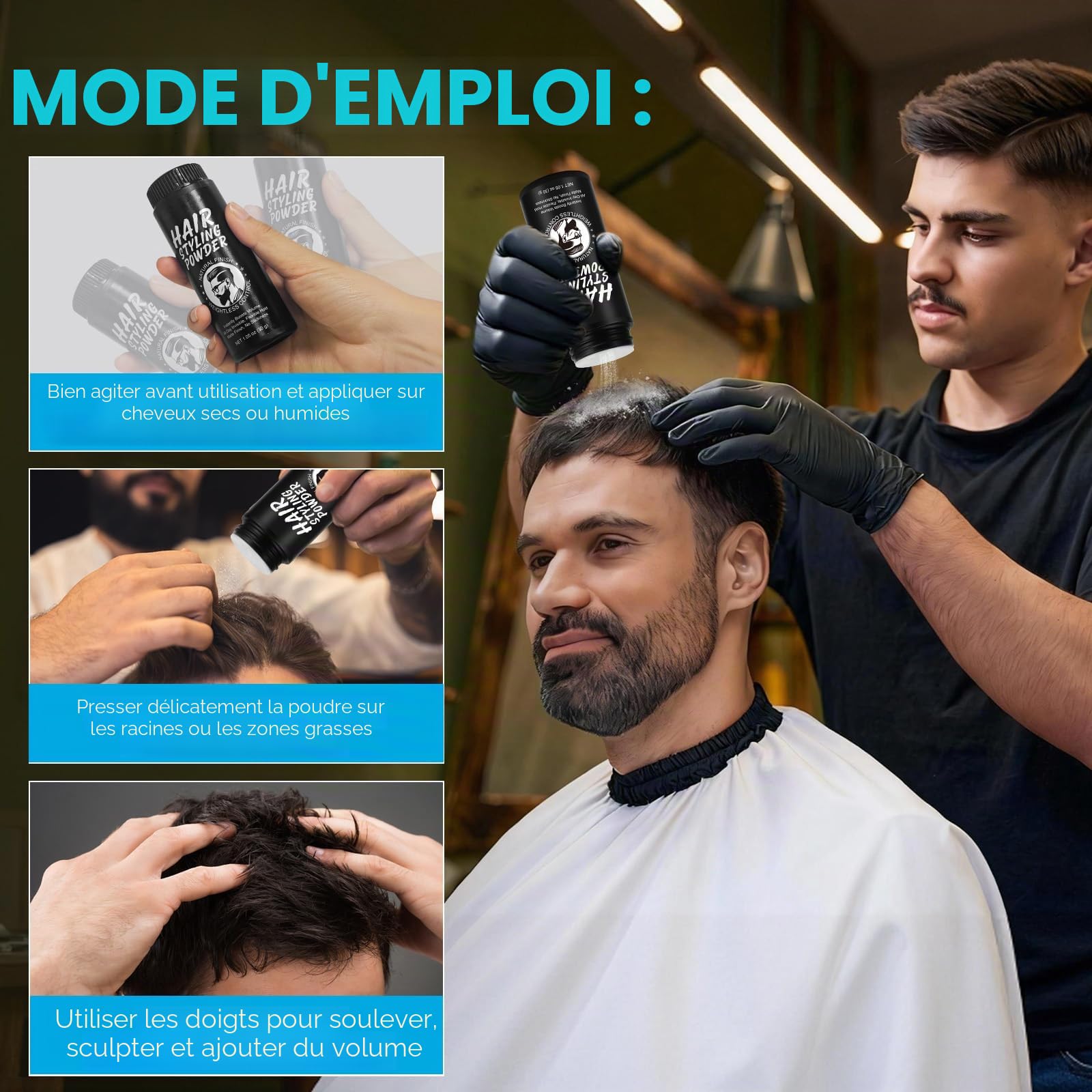 Poudre de volume pour cheveux pour homme, 30 g, texture powder, poudre coiffante, volume des cheveux avec effet mat, tenue longue durée, facile à appliquer, non grasse, poudre pour cheveux pour hommes