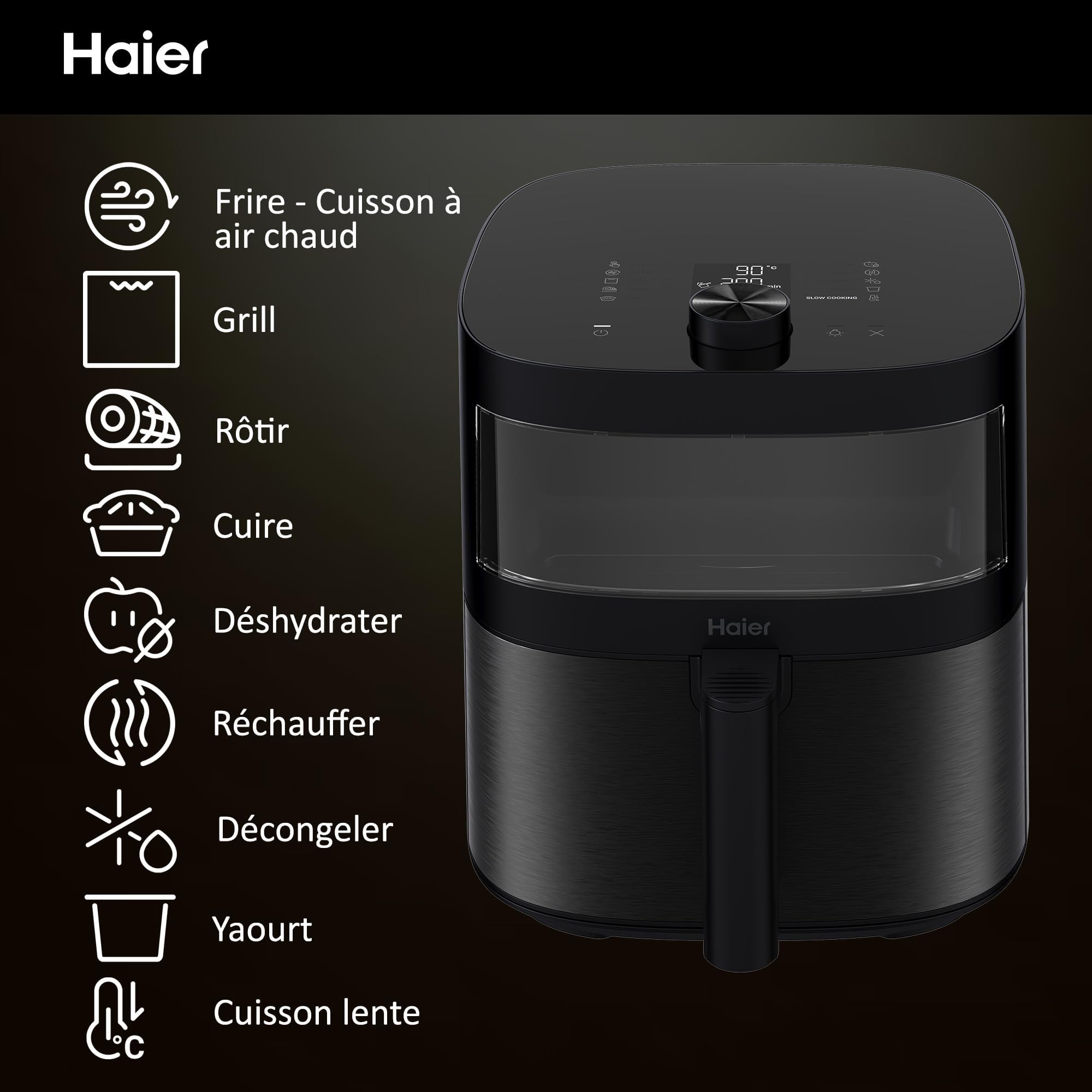 Haier Air Fryer XXL I-Master Serie 5 Friteuse Sans Huile, Capacite 7L jusqu'à 6 personnes, Fenêtre de Contrôle, Cuisson à l'Air Chaud,Rôtissage,Gril, Cuisson Lente, Décongélation, Yaourt, Noir