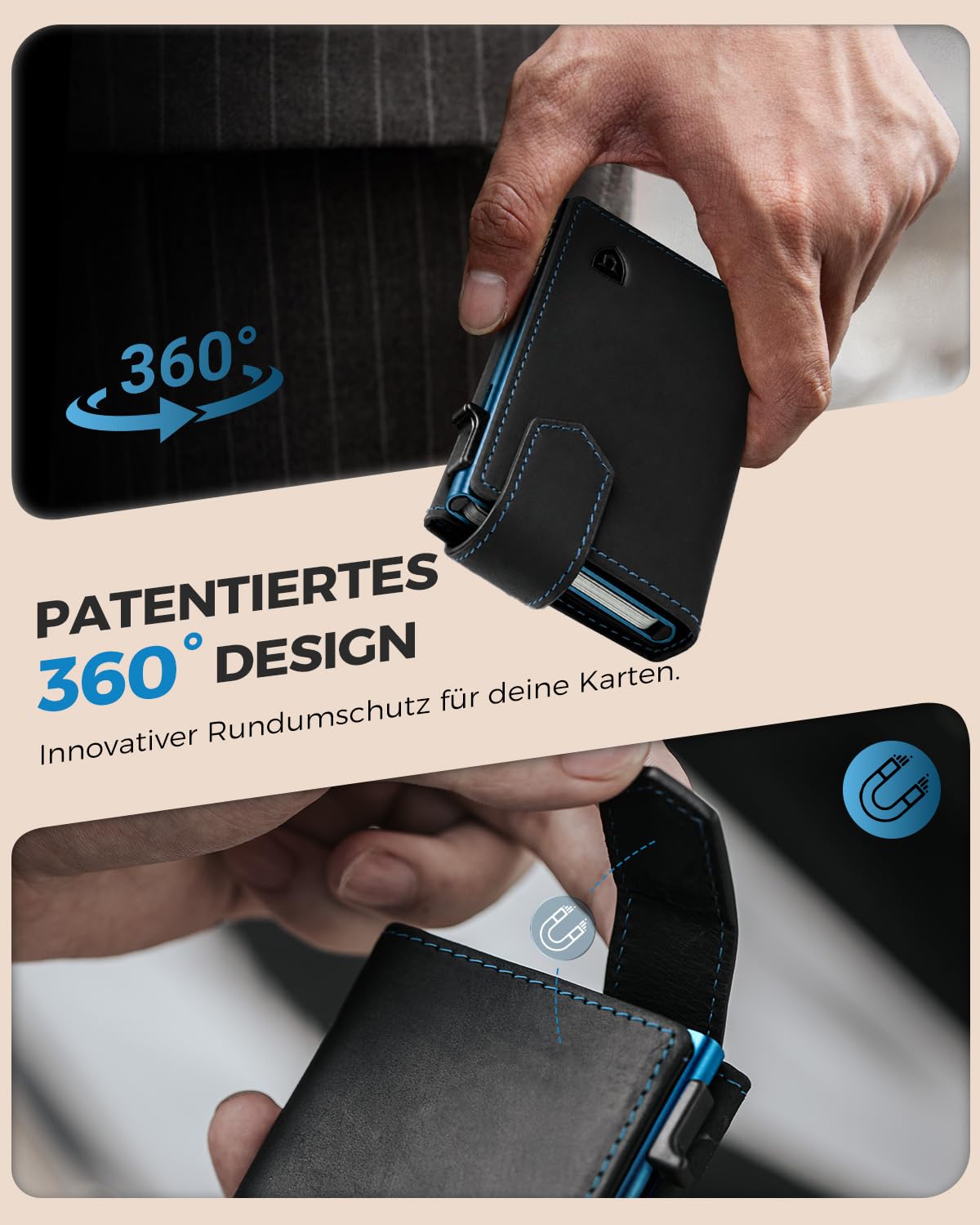 LORZOR Kartenetui mit Magnetischer Verschluss, Slim Wallet mit Münzfach, Geldbörse Herren RFID Schutz, Portmonee Herren Portemonnaie für 10 Karten, Smart Wallet, Geldbeutel (Blau-Schwarz)