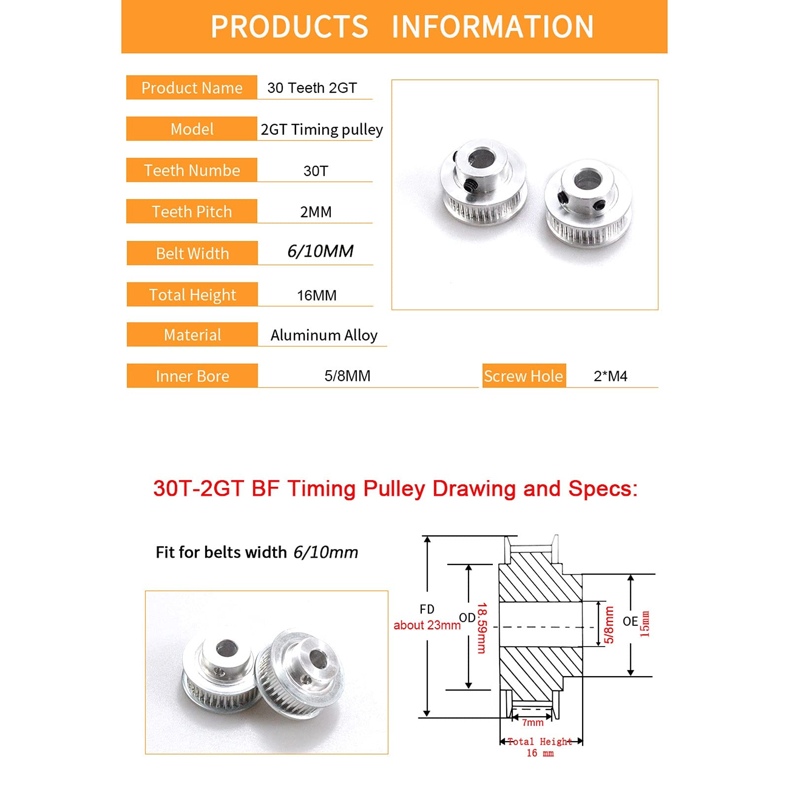 Polea de distribución, engranajes, 30 dientes 2GT, diámetro interior 4/5/6/6,35/8 mm, for correa síncrona abierta GT2, ancho 6 mm/10 mm/15, juego reducido 30T(Belt Width 10mm,Bore 7mm)