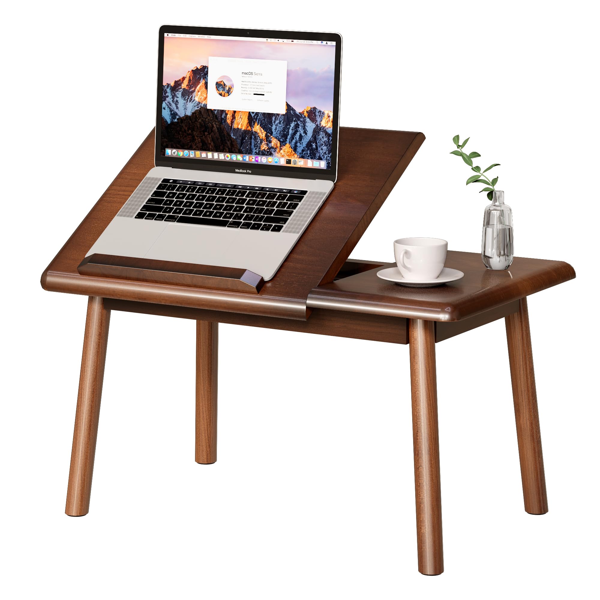 100% Solid Oak Laptop Desk, Lap Table for Bed Couch, Small Adjustable Bed Tray, Foldable Coffee Tea Bed Table for Laptops and Writing (Walnut)