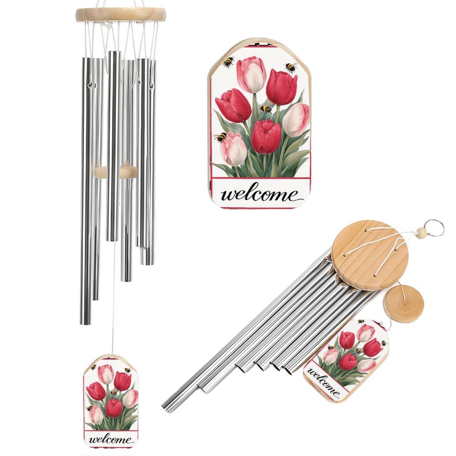 Cluster of Red Pink Tulips Bee Wind Chimes Memorial Deep Tone Windchime with 6 Aluminum Tubes Outdoor Backyard Garden Decoration