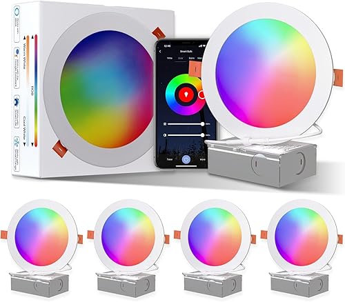ORALUCE Iluminación empotrable inteligente de 6 pulgadas, WiFi y Bluetooth que cambia de color, luces LED de lata, 13 W, 1050 lm, RGBCW, 2700-6500