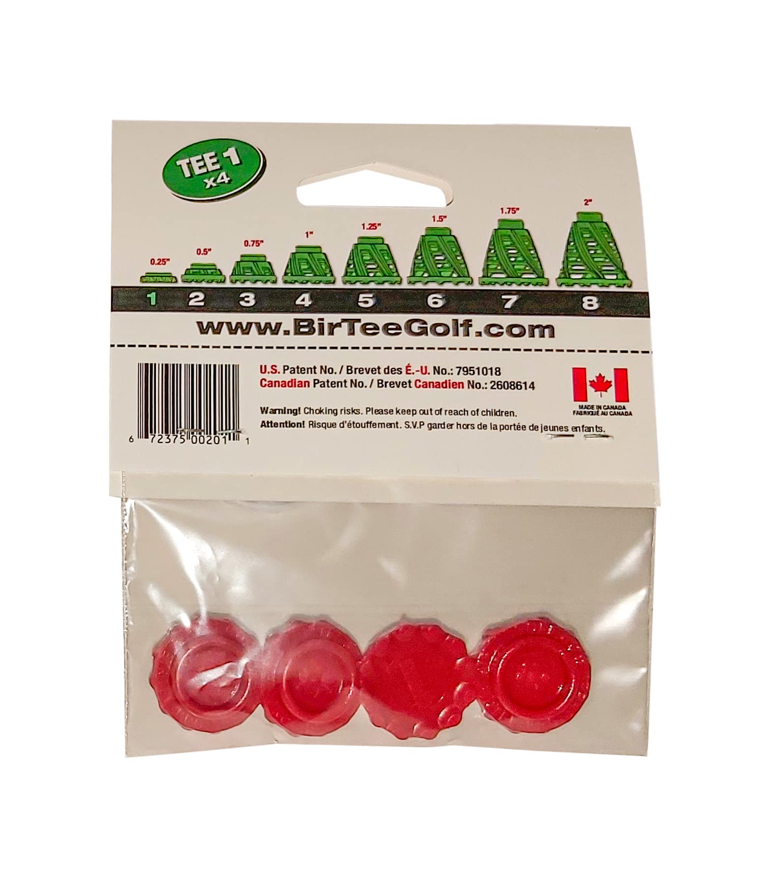 BirTee Pro Golf Tees – Tamaño # 1 (1/4 pulgadas) – Paquete de 4 Tees por paquete, Invierno/Mat/Simulator Tees (Rojo)