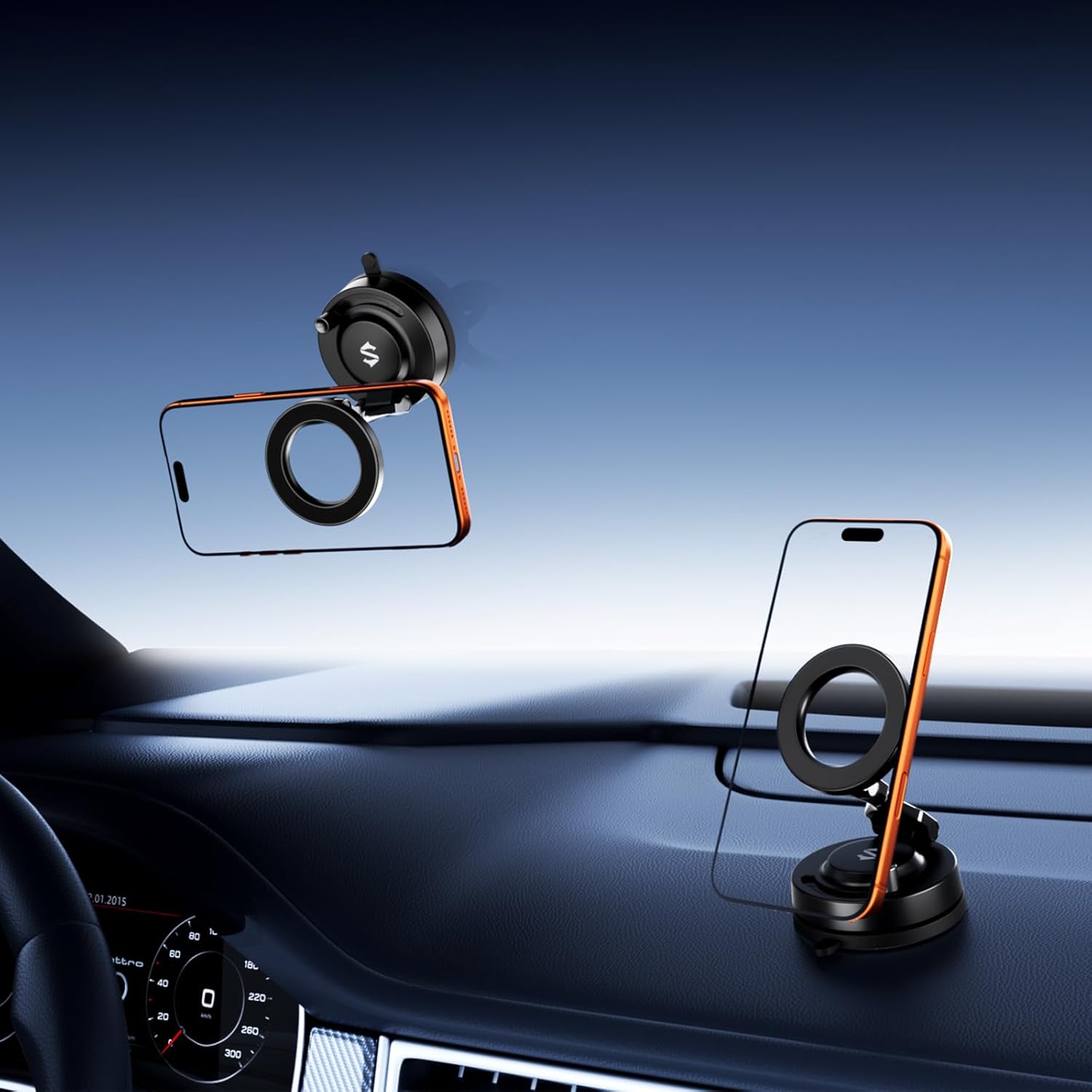 Black Shark Magnetic Car Phone Holder, Zinc Alloy Arm, 720° Adjustable MagSafe Mount with Vacuum Suction for iPhone 12-17/Pro/Max, Dashboard & Windshield Compatible