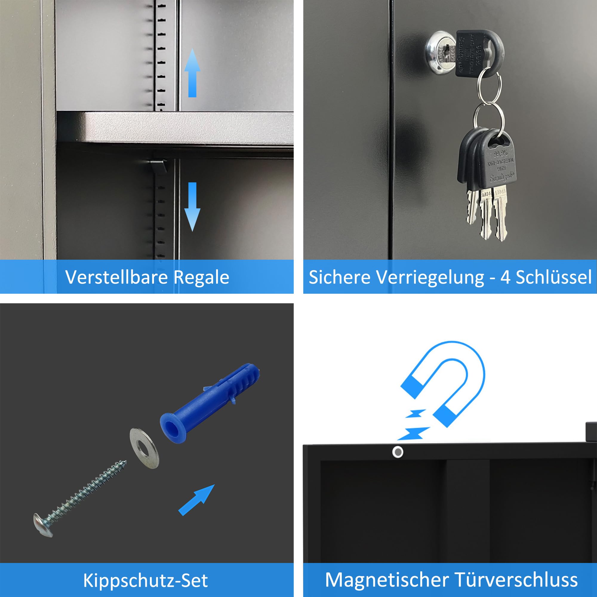 Aktenschrank Büroschrank Lagerschrank Metallschrank Stahlschrank, Aufbewahrungsschrank aus Metall mit verschließbaren Türen und 2 verstellbaren Regalen 92x80x40cm (Schwarz)