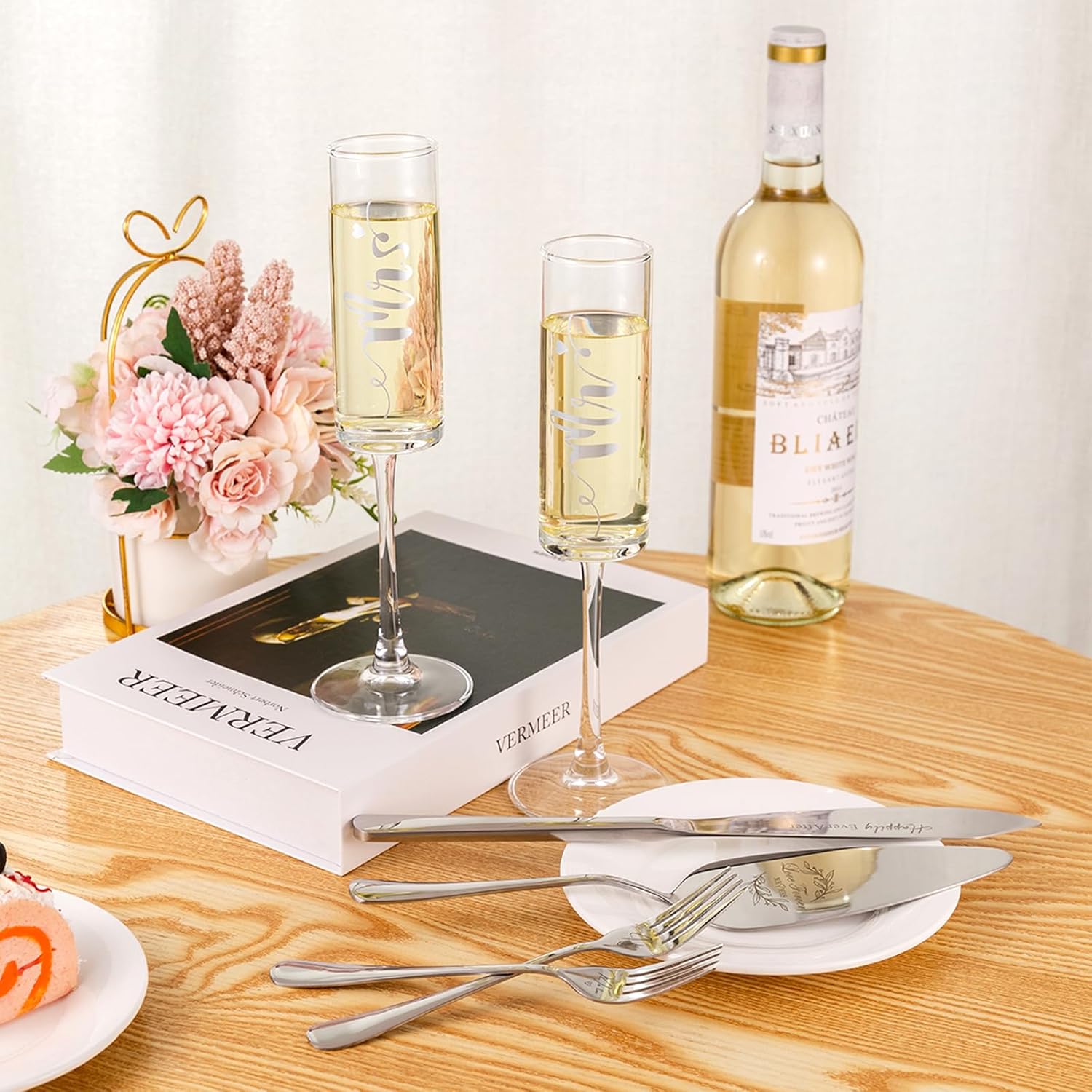 Wedding Cake Knife and Server Set, Mr and Mrs Champagne Flutes & Forks with Wooden Box, Silver Cake Cutting Set for Wedding Engagement Bridal Shower Gifts - Image 3