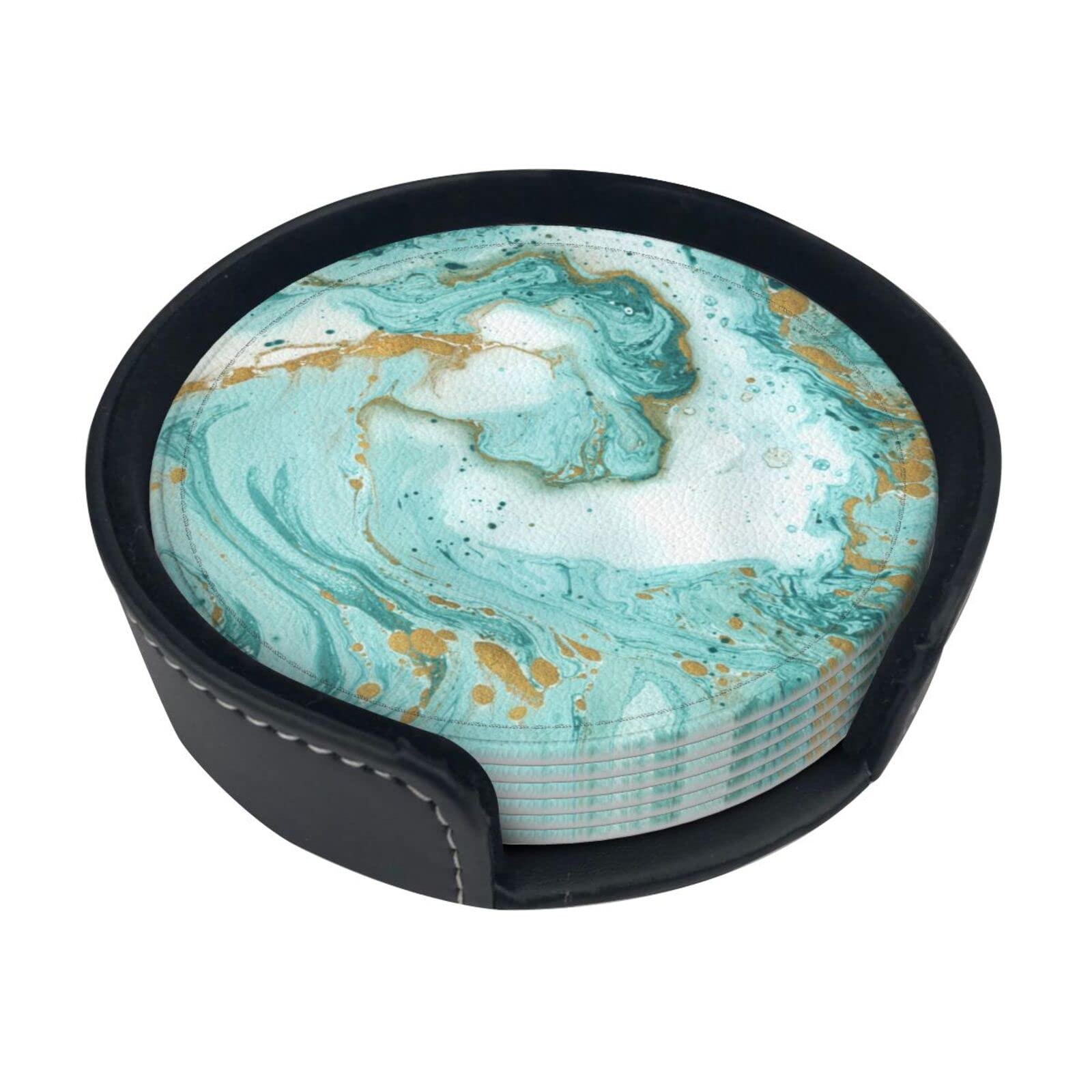 Coasters Set Of 6 Turquoise Gold Marble Print Leather Coasters For Drinks,Home Décor And Housewarming Gift