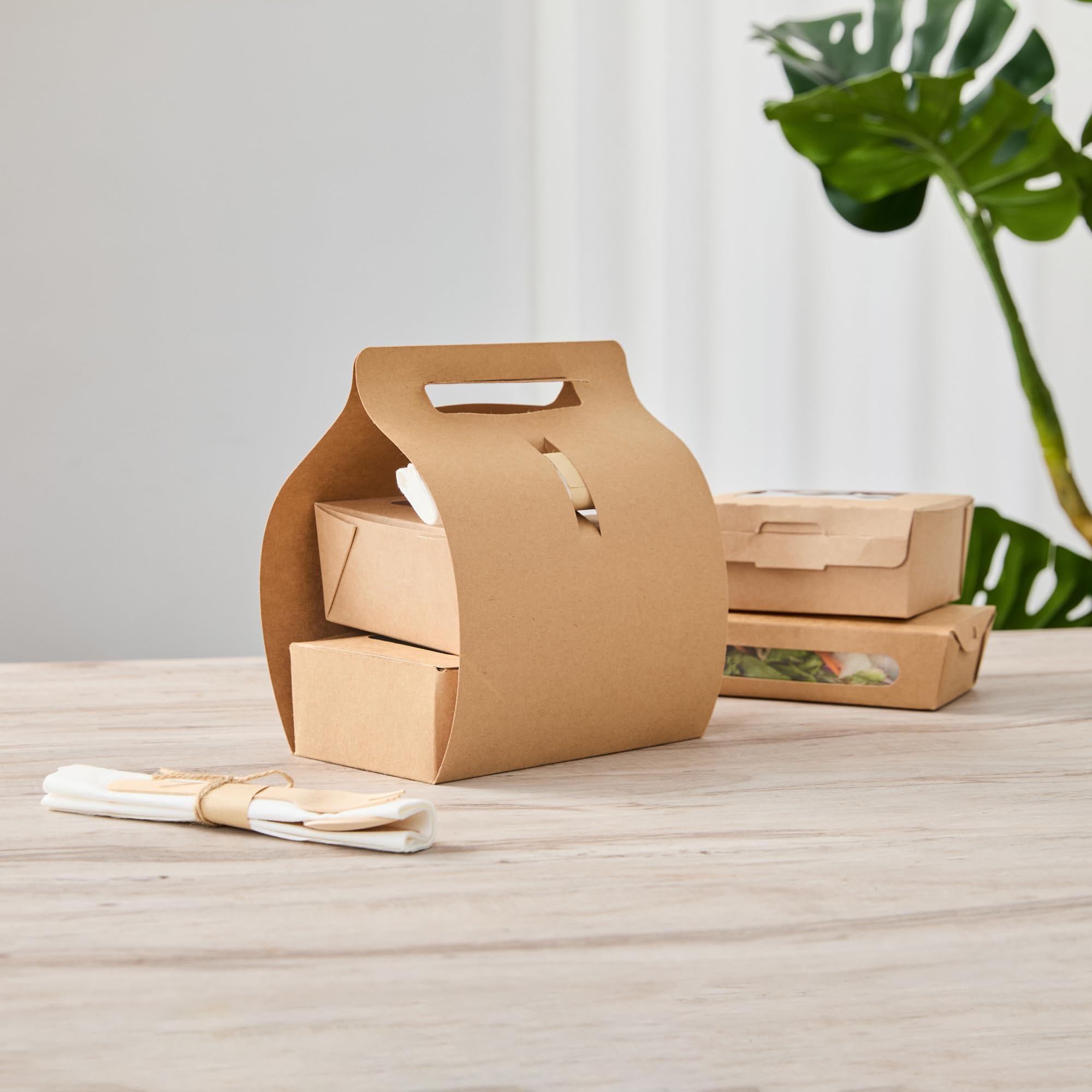 Restaurantware Bio Tek - Fiambreras de papel con asas, 100 recipientes desechables de papel kraft para alimentos, 21 x 10 x 20 cm, portavasos para utensilios de cocina, portadores de bebidas para