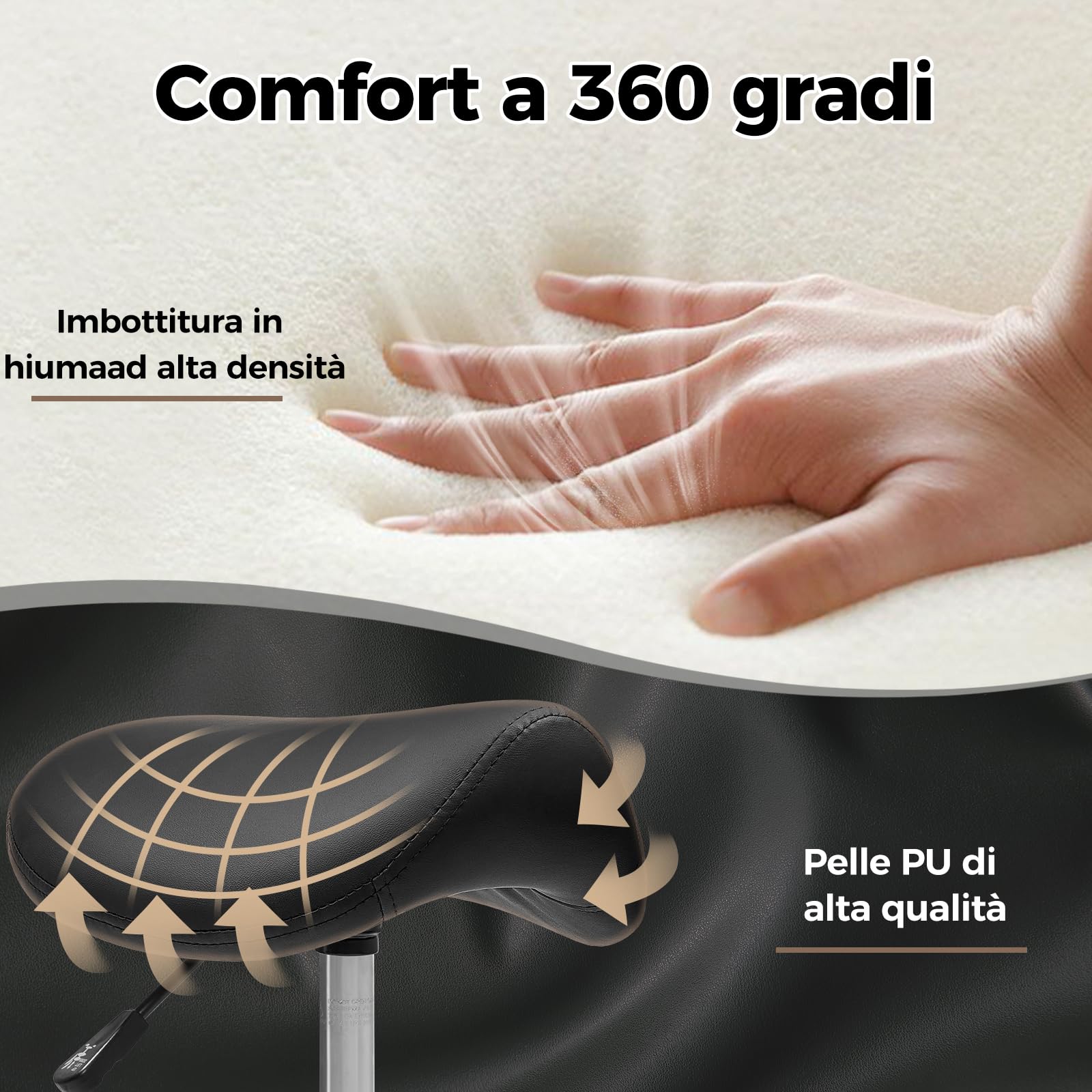 BEWISHOME Sgabello a Sella Ergonomico con Ruote, Regolazione Idraulica dell’Altezza, Ampio Cuscino di Seduta, Adatto per Saloni di Parrucchiere e Bellezza, Centri Massaggi e Benessere (Nero)
