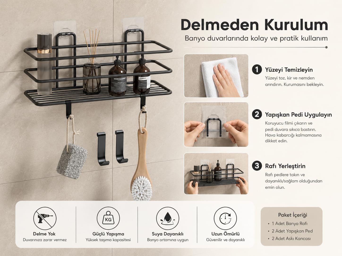 Alper Banyo Siyah Yapışkanlı Banyo Rafı, 2 Kancalı Duvar Tipi Banyo Organizer, Şampuanlık ve Aksesuar Rafı, Delmeden Kolay Kurulumlu Metal Banyo Düzenleyici