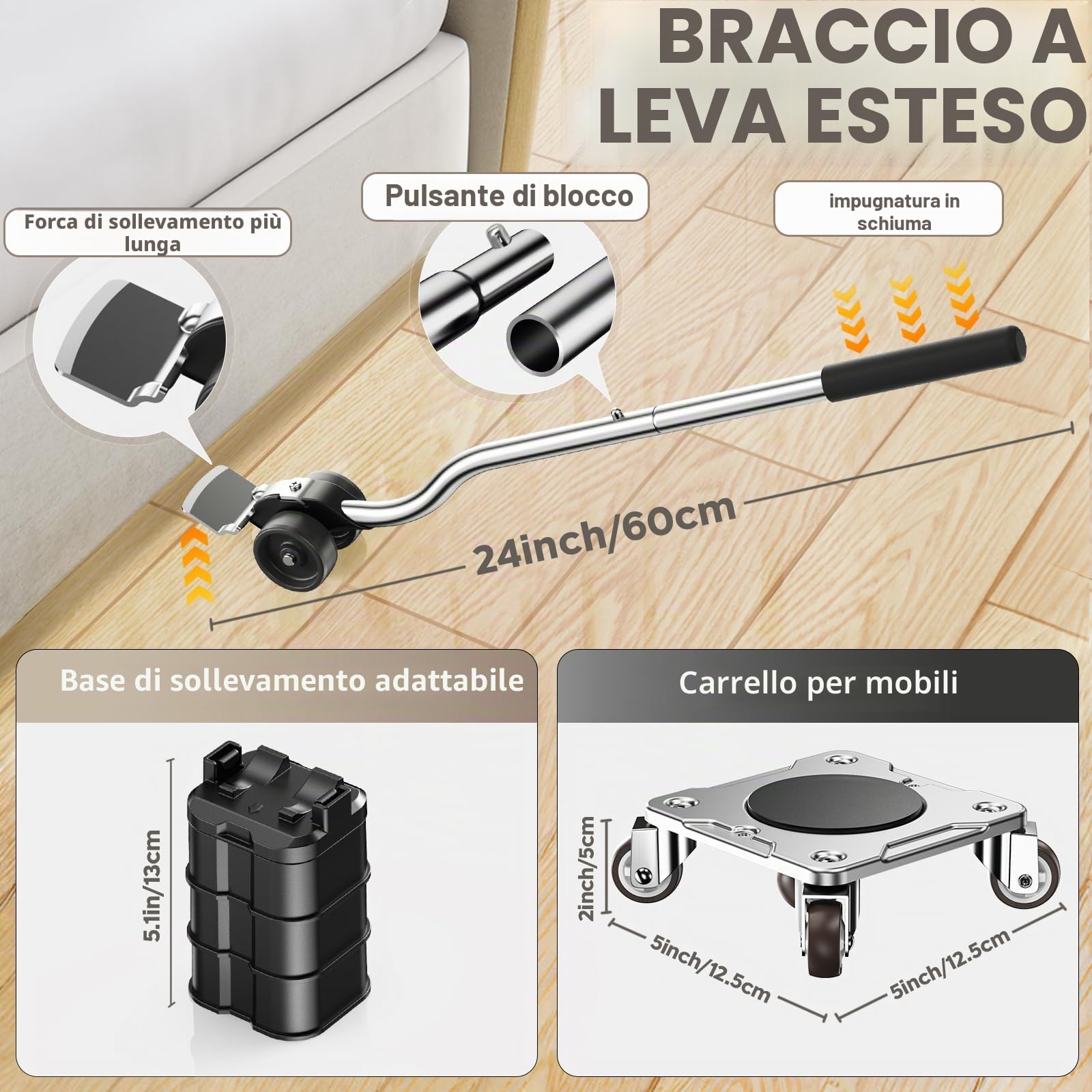 Kit Spostamento Mobili con Funzione Parking – Carrello per Mobili Pesanti con Ruote a 360°, Pannello in Acciaio al Carbonio, Portata 500 kg, Collocazione Sicura e Stabile nel Tempo
