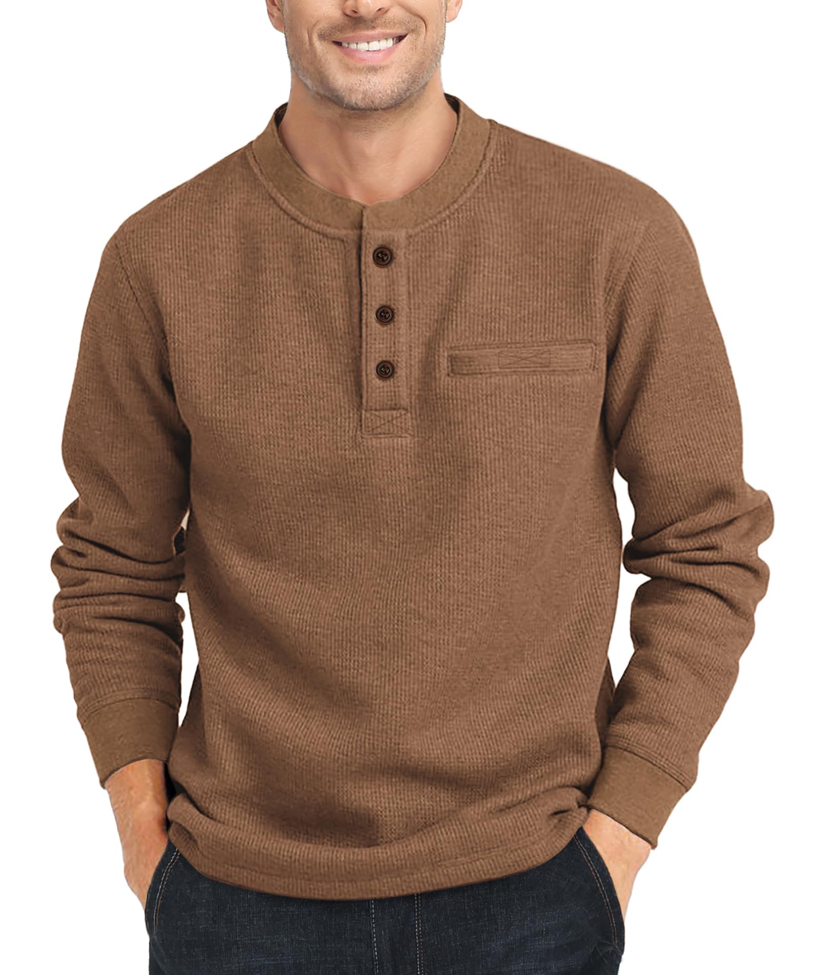 Zitysport Manches Longues Henley Shirt Hommes - Casual Gaufre Thermique Chemise Loisir 3 Boutons Classique T-Shirt avec Poche