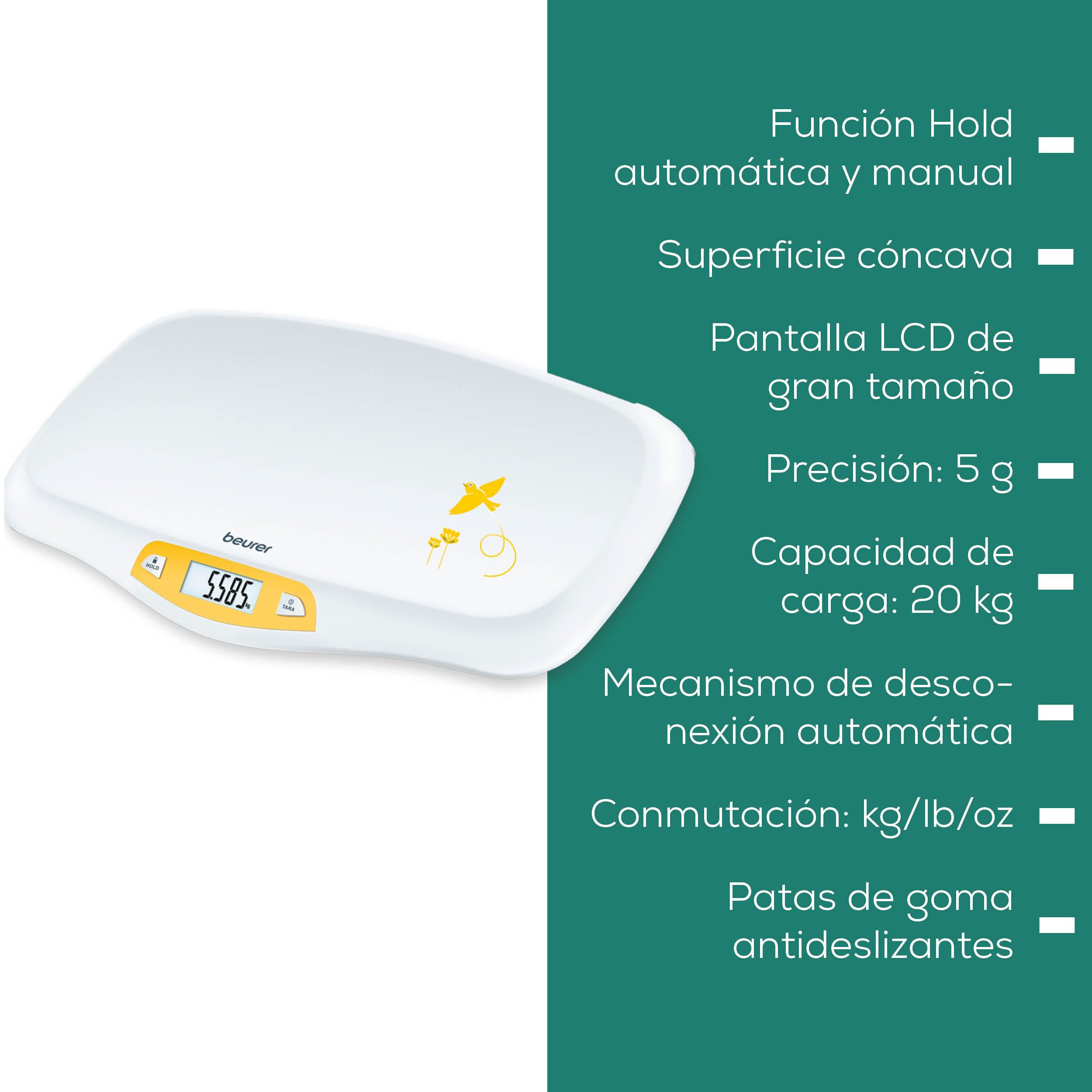 Beurer BY 80 Báscula para bebés, 20 kg, 5 g, función tara y retención