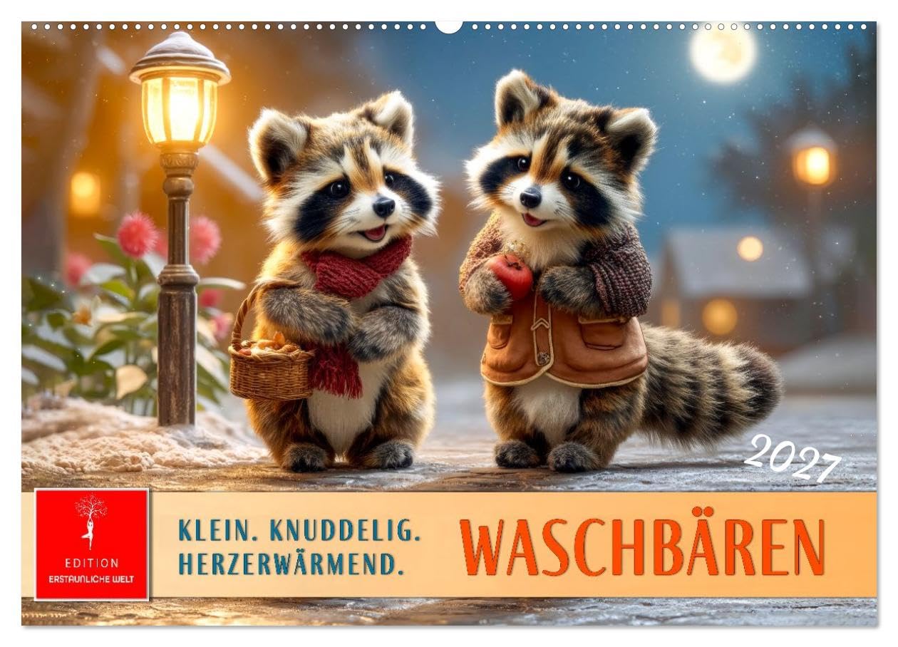Waschbären - Klein. Knuddelig. Herzerwärmend. (Wandkalender 2027 DIN A2 quer), CALVENDO Monatskalender: Familienmomente - Kleine Szenen. Große Gefühle. (CALVENDO Tiere)