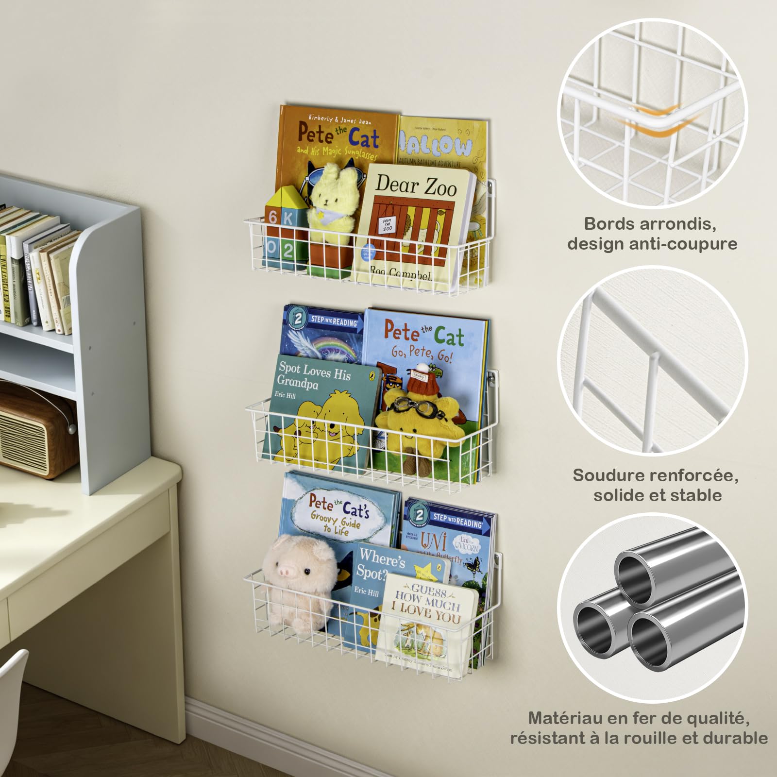 PUERSI Lot de 6 Étagères Muraux Enfant en Métal, Bibliothèque Murale, Étagère à Livres Mural pour Chambre d’Enfants, Rangement pour Livres, Filles et Garçons, Bébé - Blanche