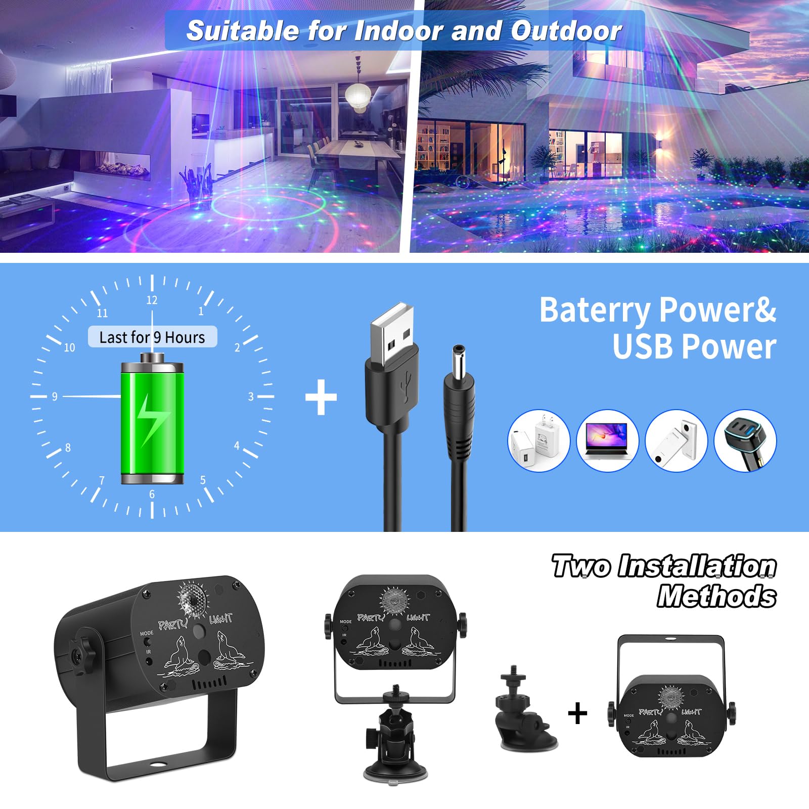 Lumières de fête DJ disco projecteur disco LED 2 en 1 avec télécommande, alimenté par USB, lumière stroboscopique activée par le son RVB pour décorations de Noël, Halloween, karaoké, pub, karaoké Lumières de fête DJ disco projecteur disco LED 2 en 1 avec télécommande, alimenté par USB, lumière stroboscopique activée par le son RVB pour décorations de Noël, Halloween, karaoké, pub, karaoké