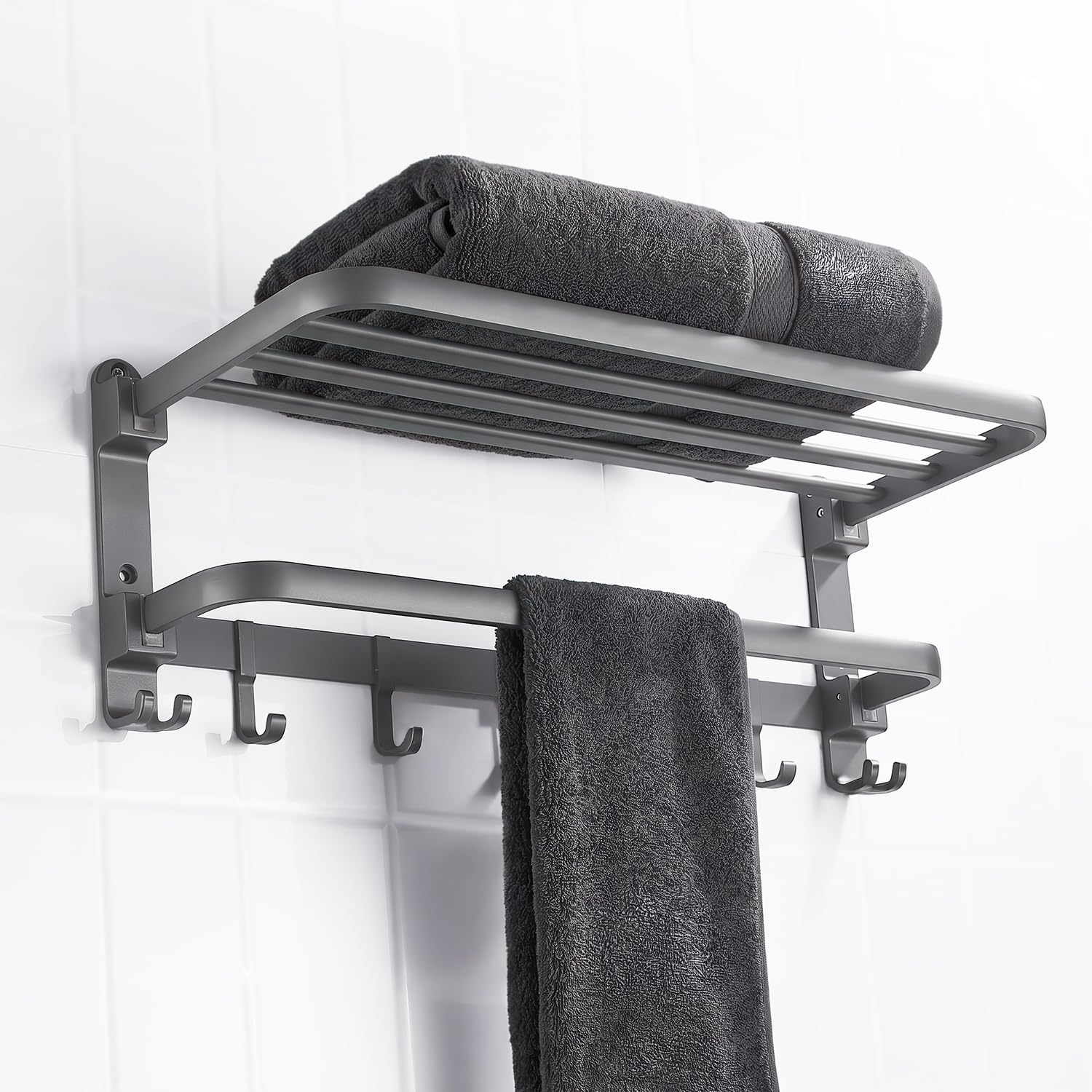 Amazon Basics 24 Inch Foldable Aluminum Towel Rack for Bathroom | Wall Mounted Double Tier Towel Holder with Rod & Hooks | Rustproof-image-5