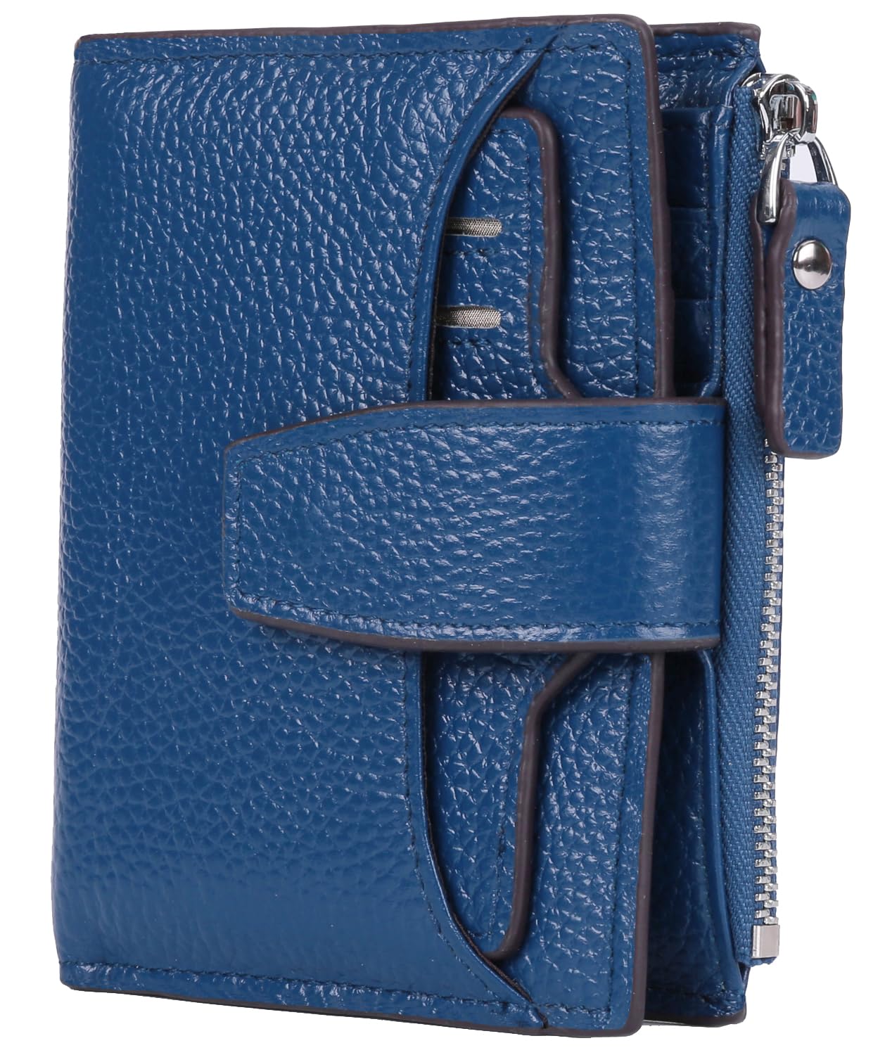 Cartera de piel con cierre RFID para mujer, tamaño pequeño, compacto, con cierre doble, con ventana de identificación, azul (Azul Lichee), Talla única