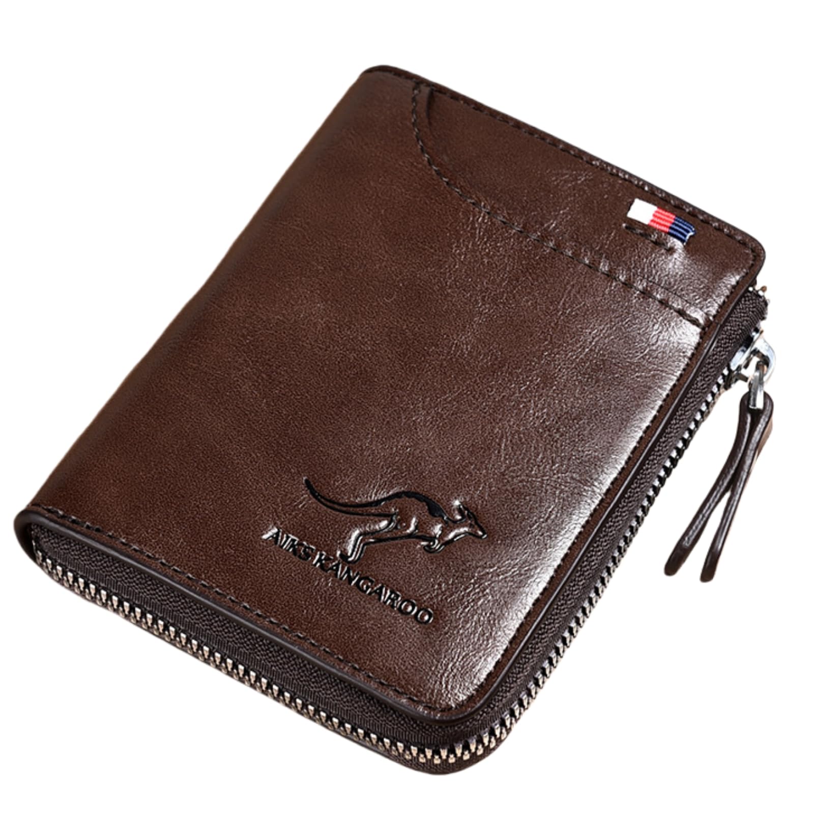 Mens RFID Blocking Leather Wallet Credit Card ID Holder Zipper Purse Waterproof, Aiks Kangaroo Wallets, Large Capacity (Retro Brown)