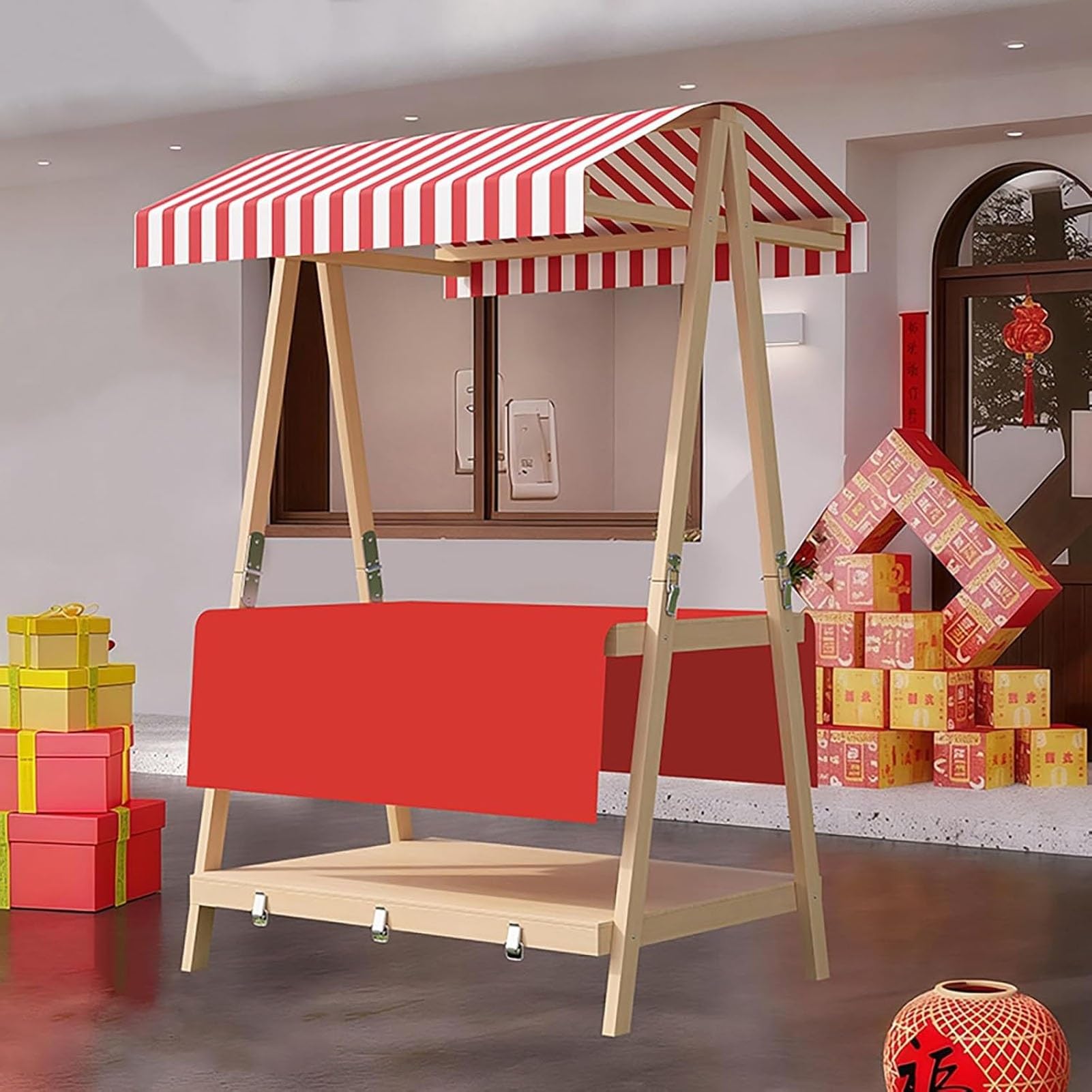 Carrito de mercado de madera de 110 cm con toldo plegable rojo de 2 niveles