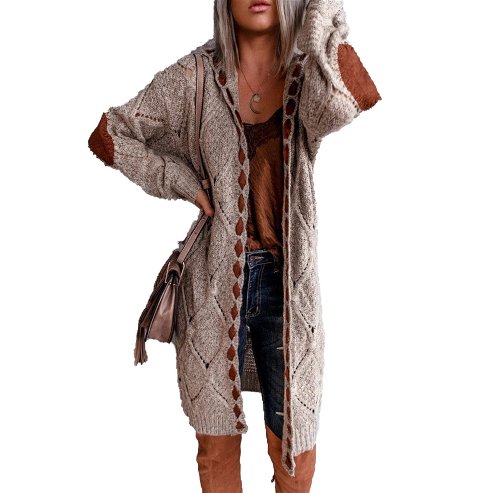 Womens Long Hooded Sweaters Cable Knit Long Sleeve Open Front Cardigans Casual Loose Fall Winter Outwear Coats