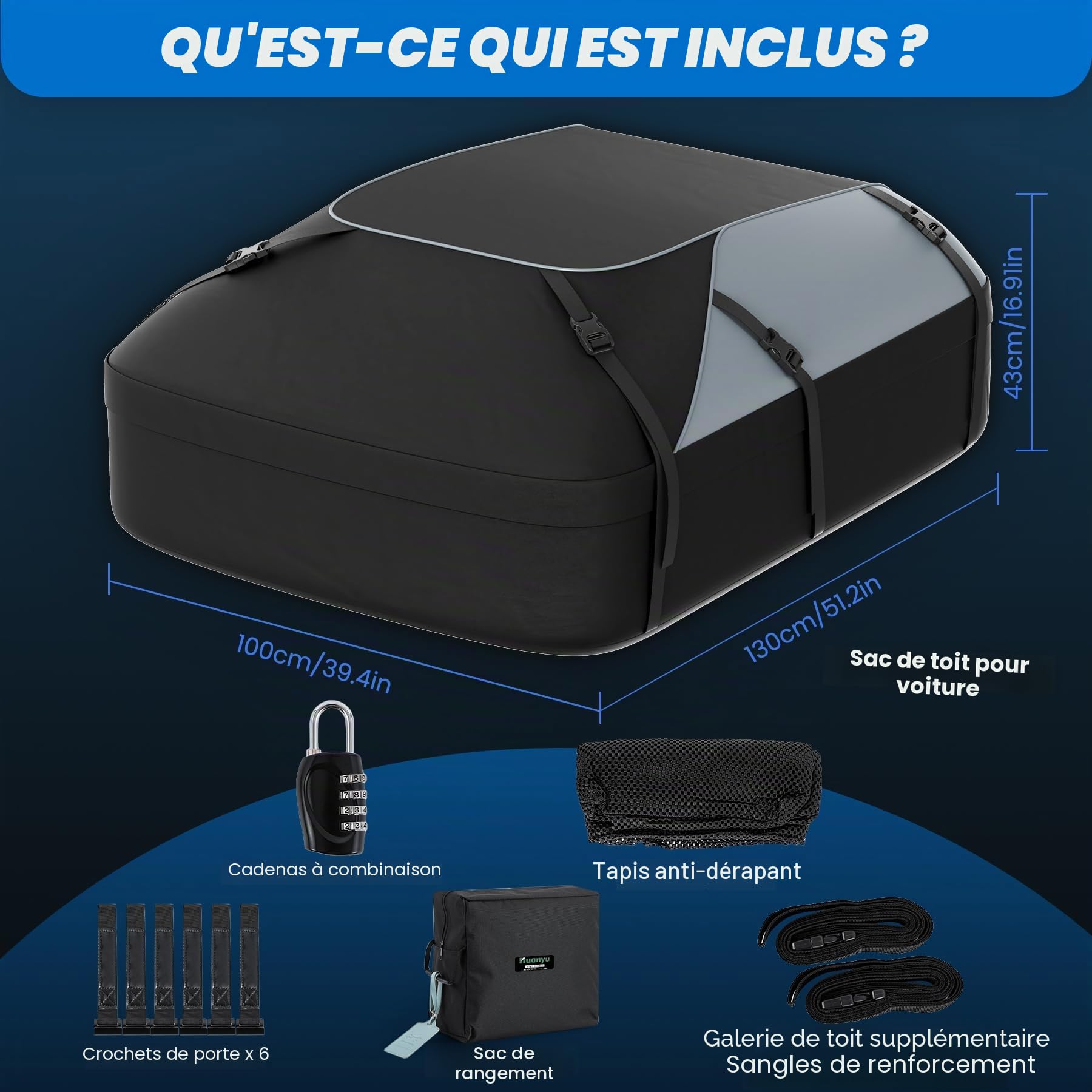 Huanyu Sac de Toit pour Voiture 20 Pieds cubes/550L Tente de Toit imperméable pour véhicules Tente de Toit pour véhicules avec ou sans Porte-Bagages Porte-Bagages de Toit