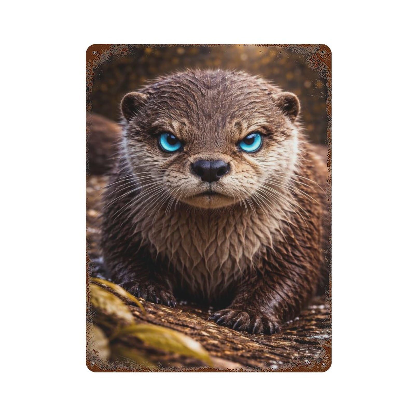 Intense Otter Portrait with Blue Eyes Distressed Metal Wall Sign 15.7"x11.8", for Basement, Hobby Room And Garage Decor, Shabby Chic Decor