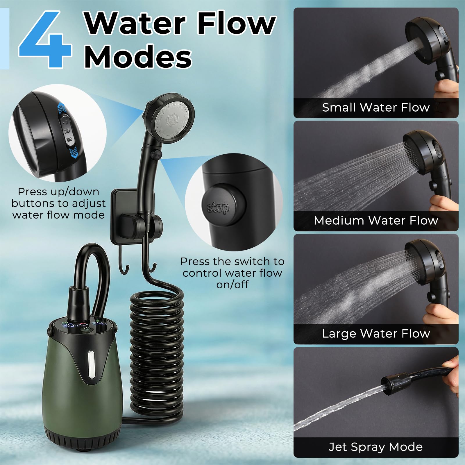 Douche de camping portable 8000 mAh rechargeable avec écran LED, étanchéité IPX8, 4 modes de pulvérisation, 5 niveaux de pression d'eau et lumière ambiante colorée pour camping, randonnée, plage, bain