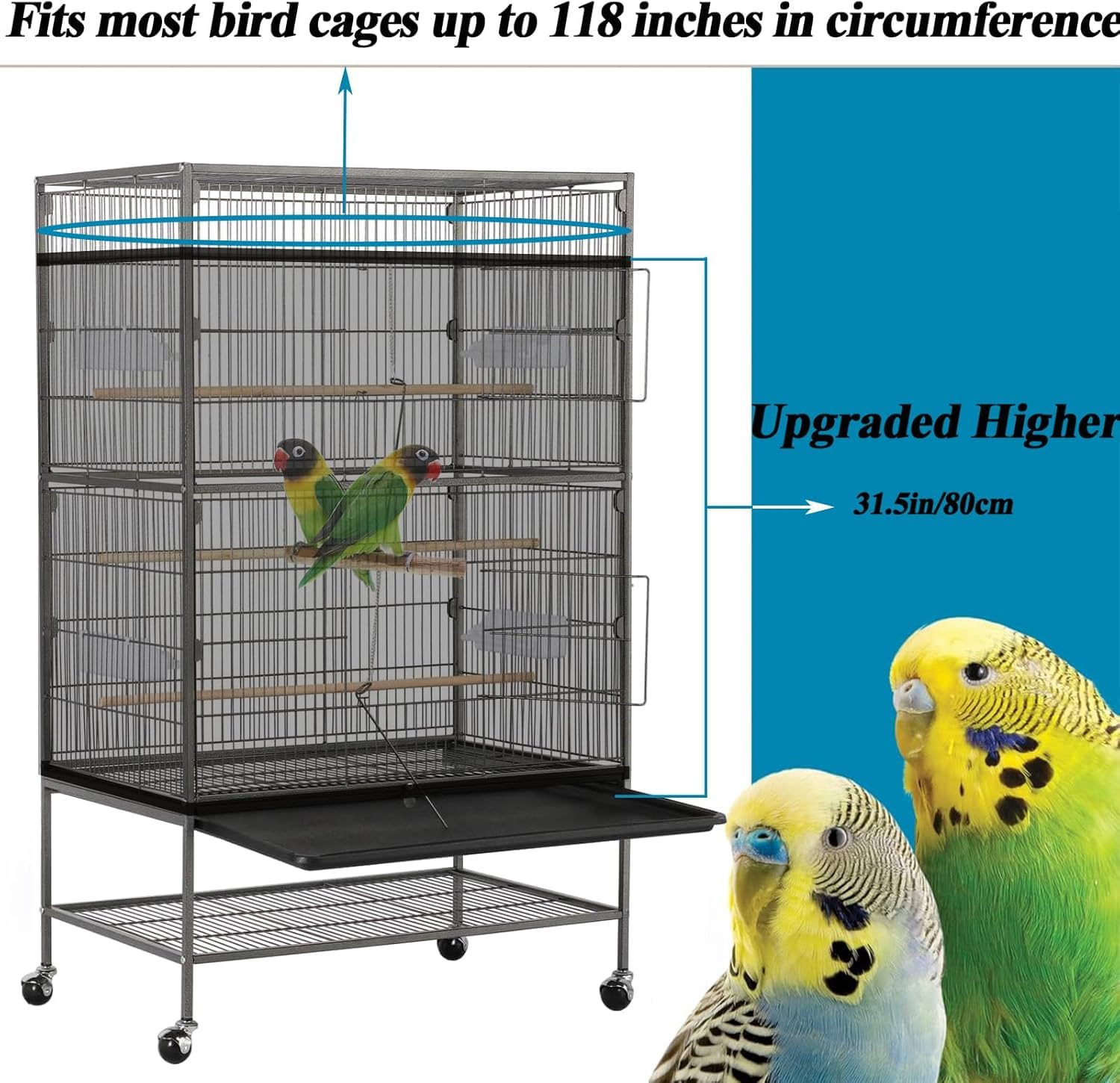 ASOCEA Extra Large Cage À Oiseaux Graines De Recueil De Graines Jupe Garde Couverture de Cage à Oiseaux Filet de Perroquet en Maille de Nylon pour Cages Rondes et Carrées (Noir, 118*31.5in/300*80cm) - 3