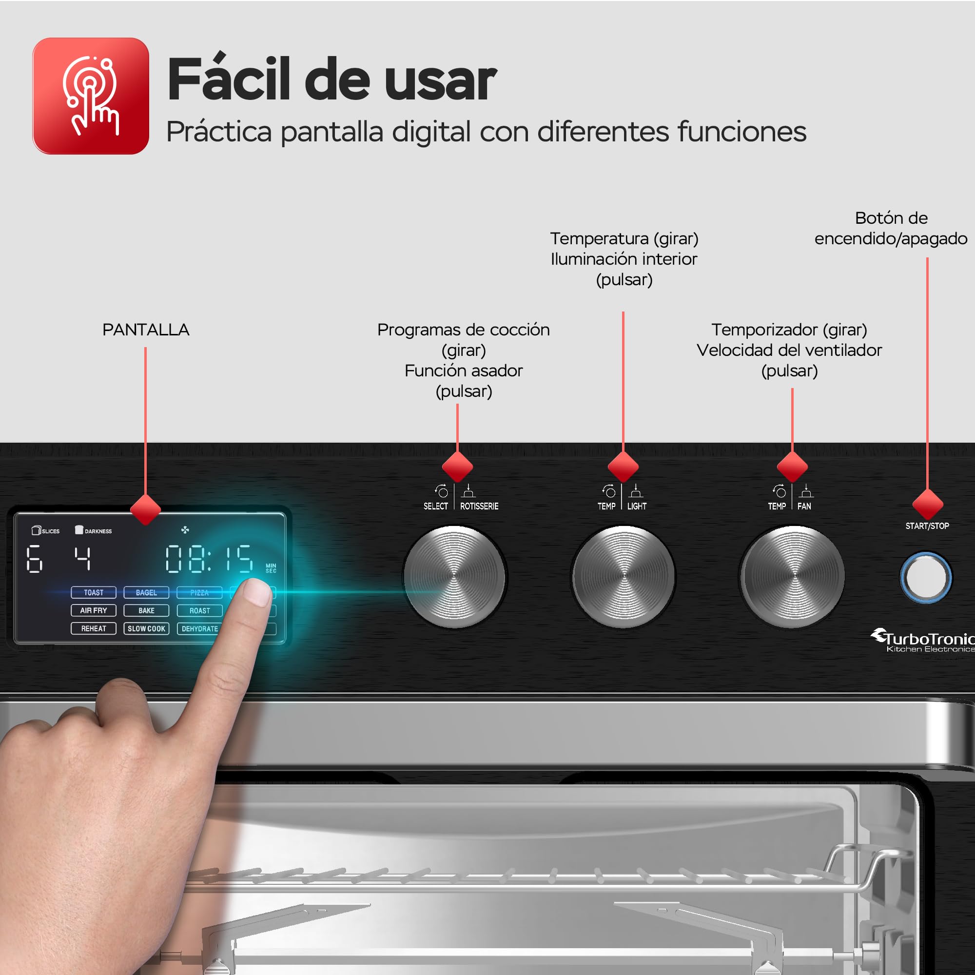 TurboTronic Horno de Aire Caliente XXL 32L con Spiedo Giratorio, 5 en 1: Horno, Deshidratador, Freidora sin Aceite, desde 25°C, Potencia 1700W