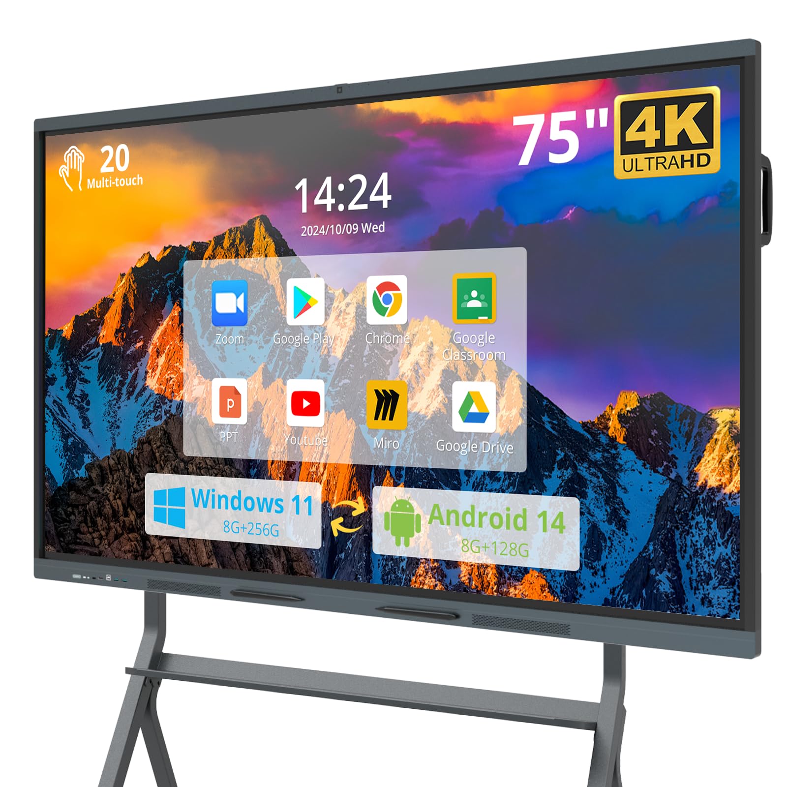 HUSHIDA 75″ Smart Board, 4K UHD Interactive Whiteboard Built in Dual System and 13MP Camera, All in One Digital Whiteboard for Home, Classroom and