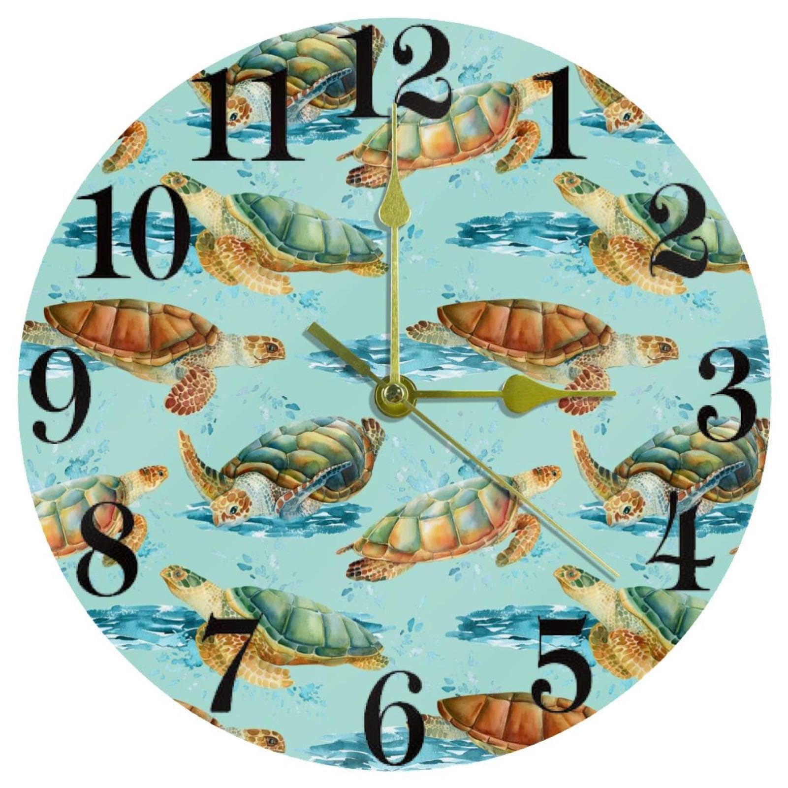Horloge murale cuisine et bureau décor océan tortue marine ronde