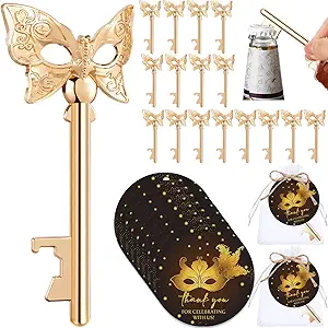 25 Sets Masquerade Party Favors Metal Mask Design Bottle Openers Thank You Cards Organza Bags with Twine for Birthday Party Gifts Quinceanera Guests Souvenirs